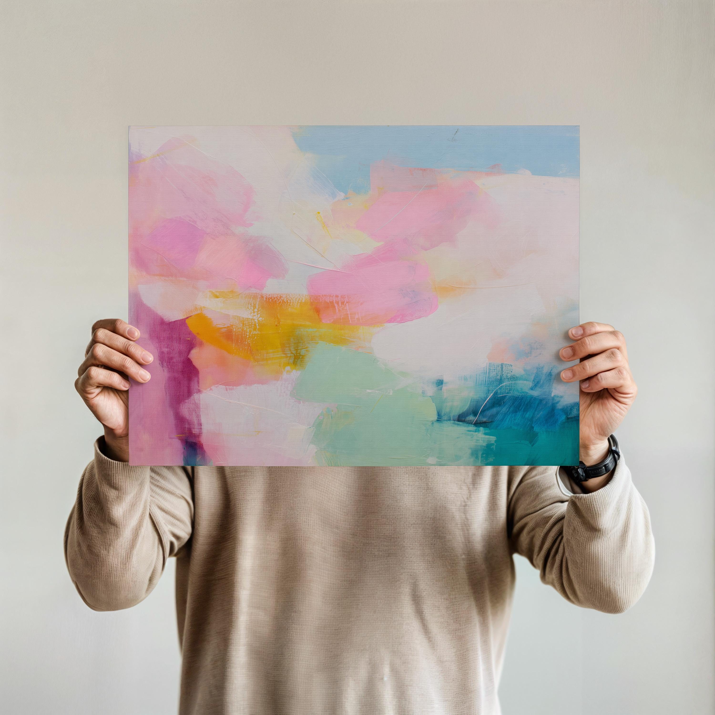 Fine art poster print featuring a horizontal abstract design in blush pink, teal, aqua, and yellow. This soft coquette-inspired wall art evokes a dreamy and feminine aesthetic, ideal for bedrooms or modern romantic living spaces. Printed using archival giclée techniques for a vibrant, gallery-quality finish. A boutique decor piece designed by Muse Studio for coquette and soft contemporary interiors.