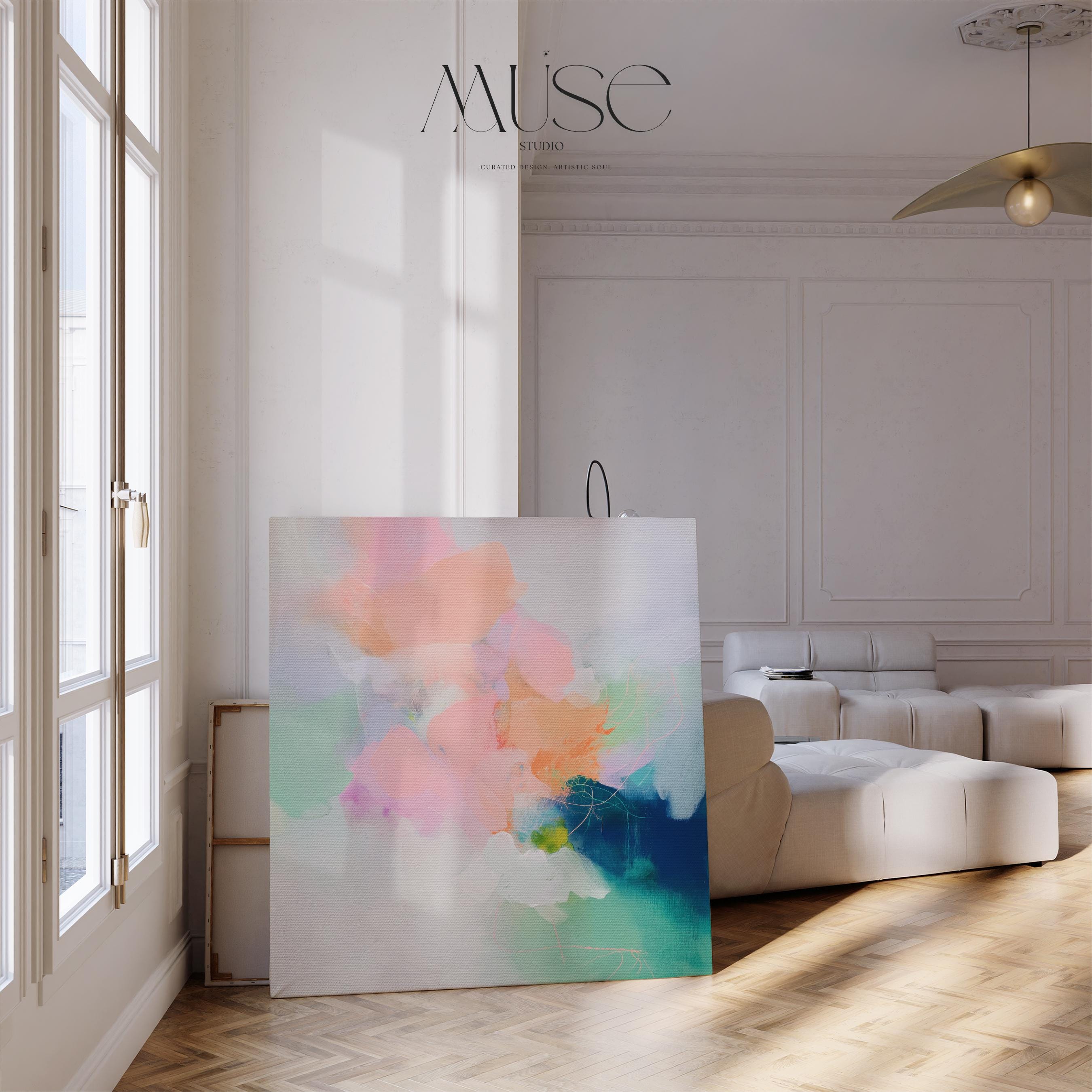 Square canvas wall art featuring a soft pastel abstract design in peach, blush pink, mint, and deep navy. This expressive boho-style painting from Muse Studio adds dreamy color and painterly texture to modern bedrooms, entryways, or gallery walls. Ideal for color pop and coquette-inspired decor, this artwork is available as a gallery-wrapped or framed canvas for stylish, high-end interiors.