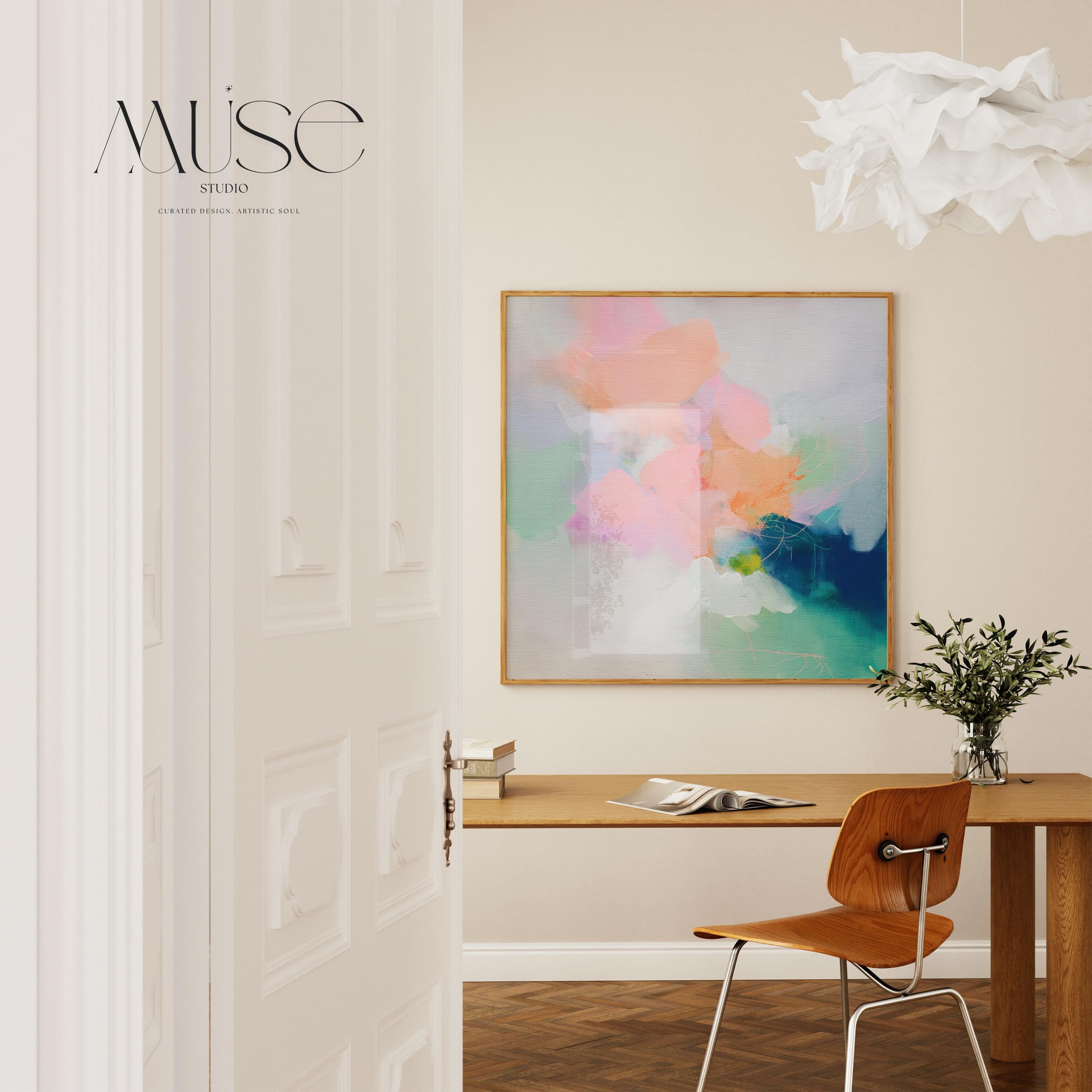 Square canvas wall art featuring a soft pastel abstract design in peach, blush pink, mint, and deep navy. This expressive boho-style painting from Muse Studio adds dreamy color and painterly texture to modern bedrooms, entryways, or gallery walls. Ideal for color pop and coquette-inspired decor, this artwork is available as a gallery-wrapped or framed canvas for stylish, high-end interiors.
