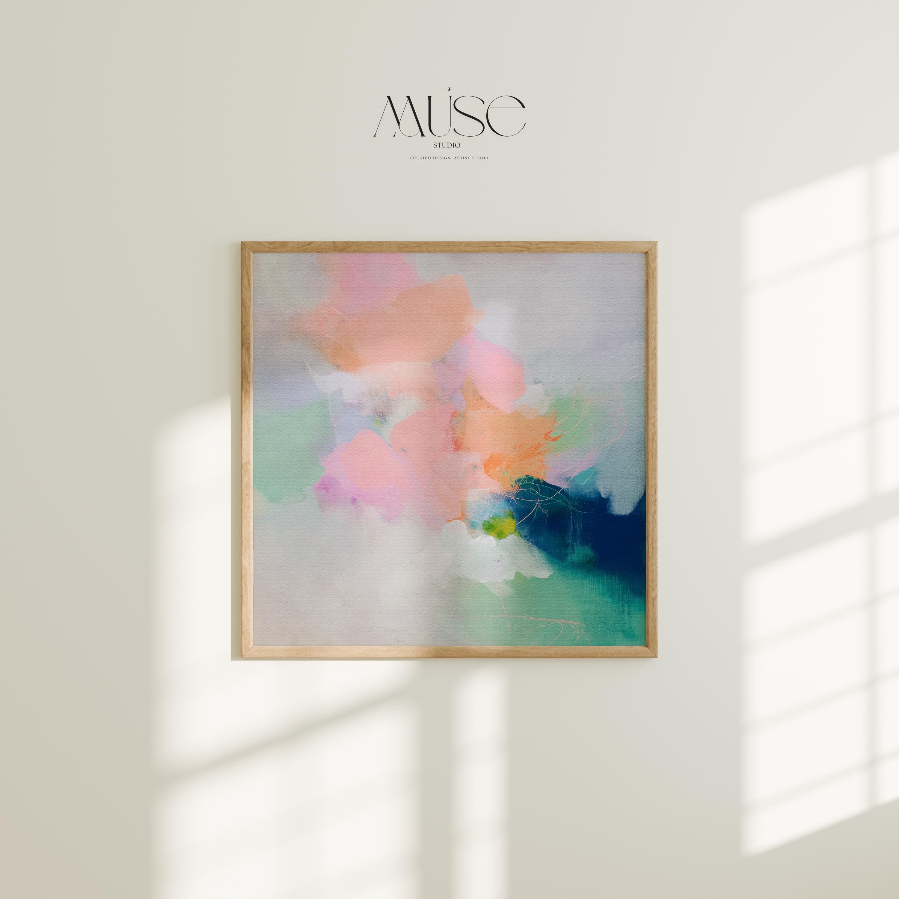 Square canvas wall art featuring a soft pastel abstract design in peach, blush pink, mint, and deep navy. This expressive boho-style painting from Muse Studio adds dreamy color and painterly texture to modern bedrooms, entryways, or gallery walls. Ideal for color pop and coquette-inspired decor, this artwork is available as a gallery-wrapped or framed canvas for stylish, high-end interiors.