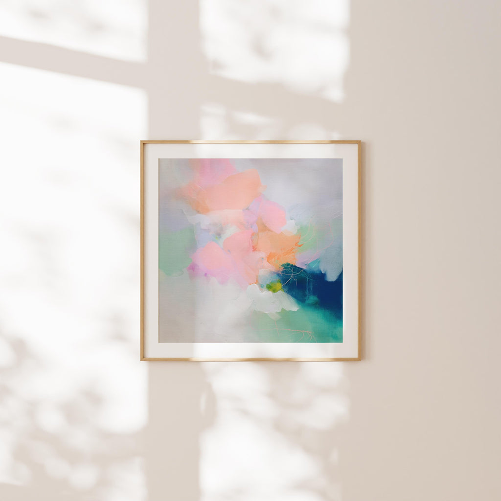 Square canvas wall art featuring a soft pastel abstract design in peach, blush pink, mint, and deep navy. This expressive boho-style painting from Muse Studio adds dreamy color and painterly texture to modern bedrooms, entryways, or gallery walls. Ideal for color pop and coquette-inspired decor, this artwork is available as a gallery-wrapped or framed canvas for stylish, high-end interiors.