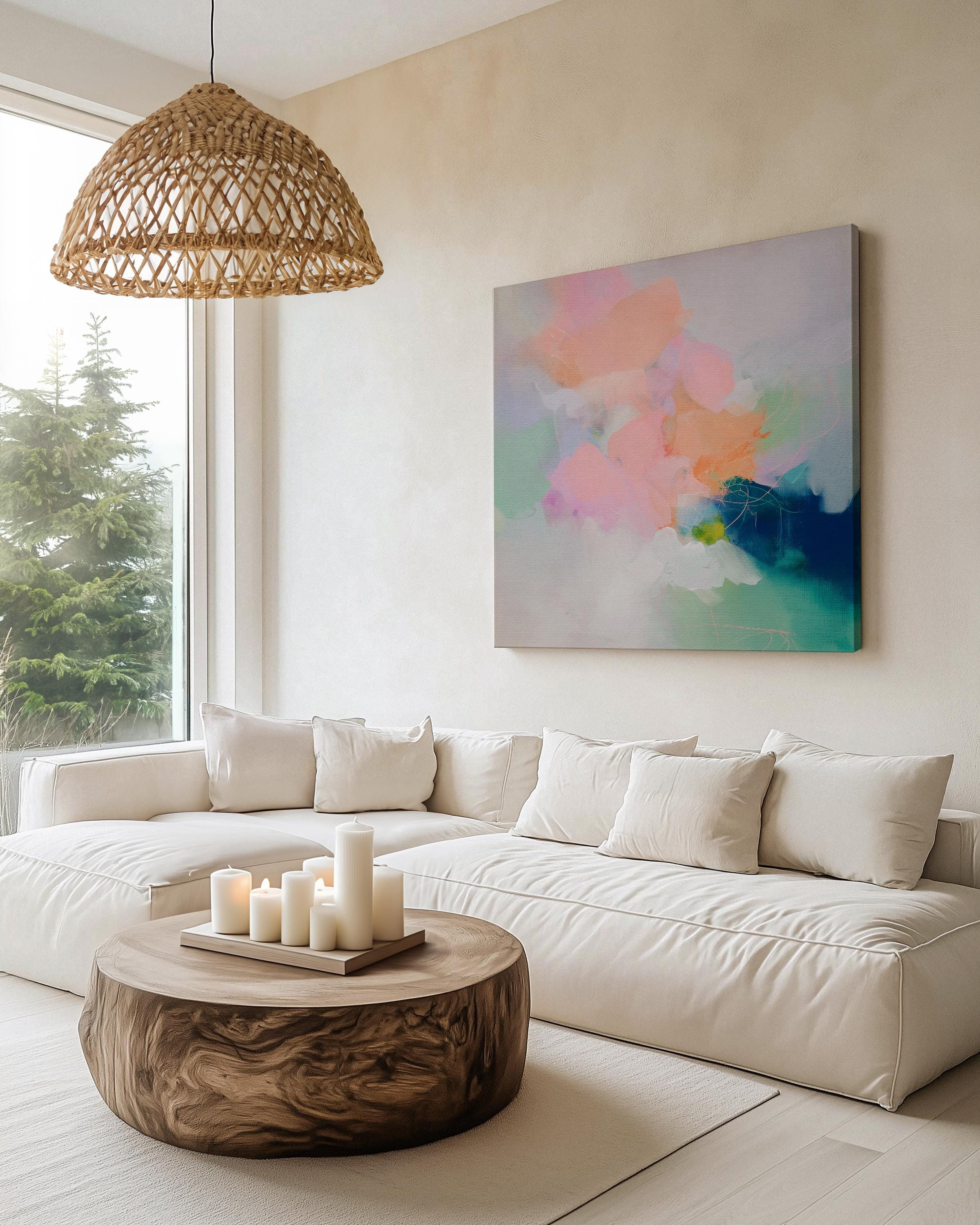 Square canvas wall art featuring a soft pastel abstract design in peach, blush pink, mint, and deep navy. This expressive boho-style painting from Muse Studio adds dreamy color and painterly texture to modern bedrooms, entryways, or gallery walls. Ideal for color pop and coquette-inspired decor, this artwork is available as a gallery-wrapped or framed canvas for stylish, high-end interiors.