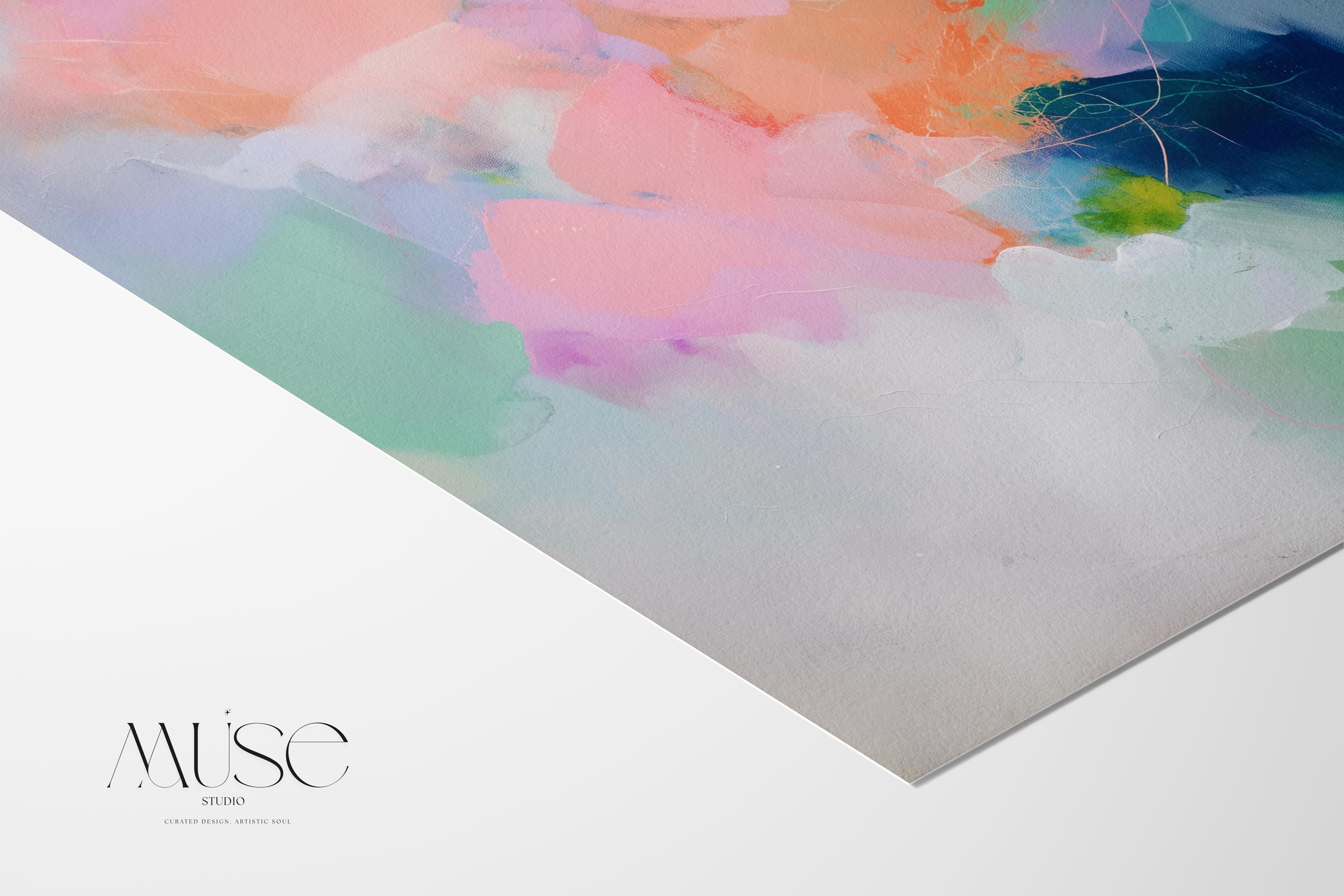 Square canvas wall art featuring a soft pastel abstract design in peach, blush pink, mint, and deep navy. This expressive boho-style painting from Muse Studio adds dreamy color and painterly texture to modern bedrooms, entryways, or gallery walls. Ideal for color pop and coquette-inspired decor, this artwork is available as a gallery-wrapped or framed canvas for stylish, high-end interiors.