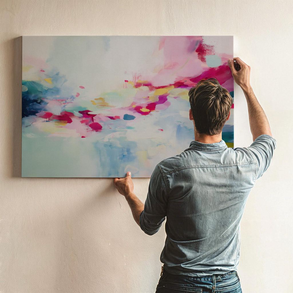Horizontal abstract artwork in blush pink, magenta, lemon yellow, soft mint, and navy, layered over a pale ivory background with painterly brushstrokes and expressive movement. The soft color transitions and energetic drips reflect a modern, boho-inspired style. Ideal for soft contemporary, dopamine decor, and feminine interior trends, this piece brings a joyful, curated vibe to bedrooms, creative studios, or styled living rooms.