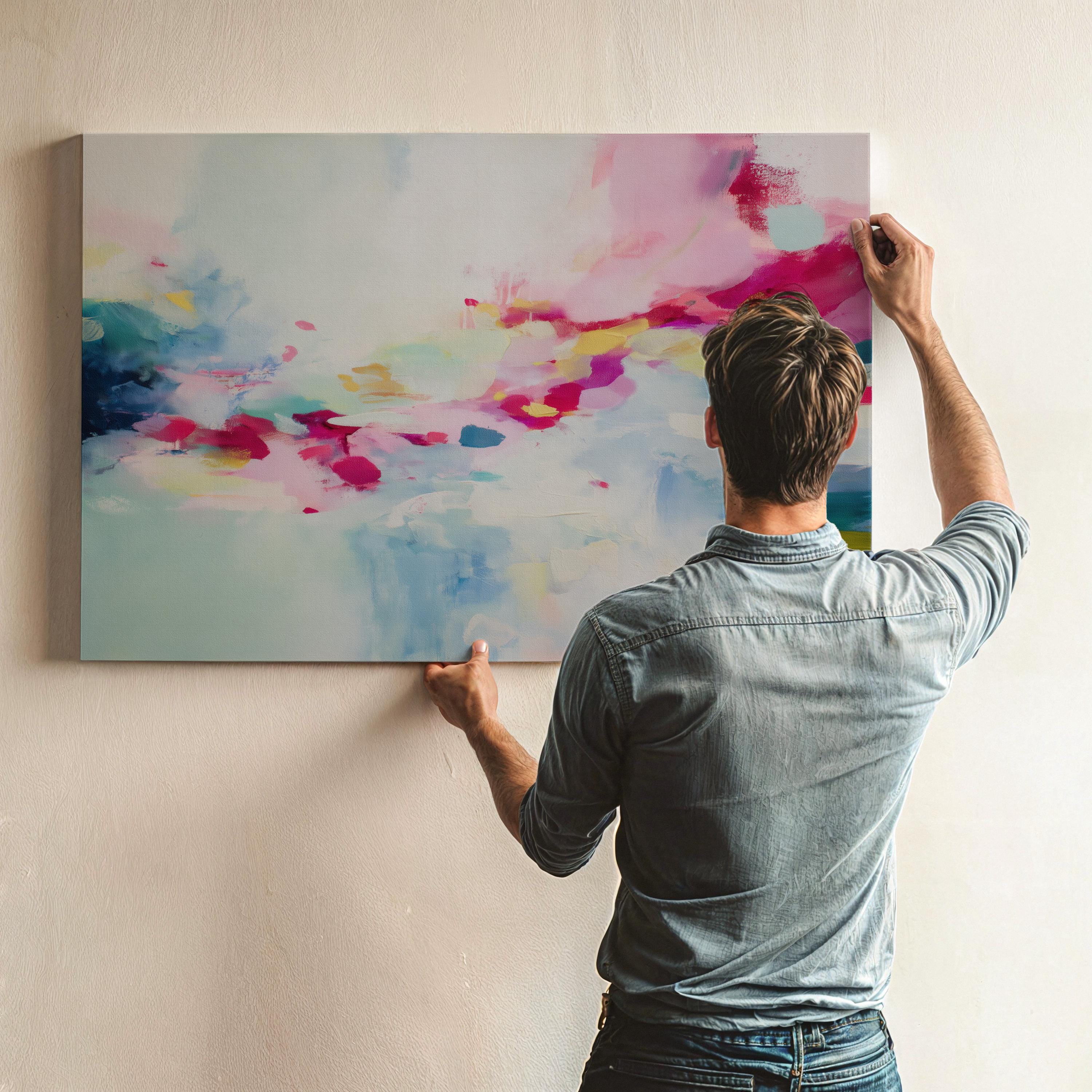 Horizontal abstract artwork in blush pink, magenta, lemon yellow, soft mint, and navy, layered over a pale ivory background with painterly brushstrokes and expressive movement. The soft color transitions and energetic drips reflect a modern, boho-inspired style. Ideal for soft contemporary, dopamine decor, and feminine interior trends, this piece brings a joyful, curated vibe to bedrooms, creative studios, or styled living rooms.