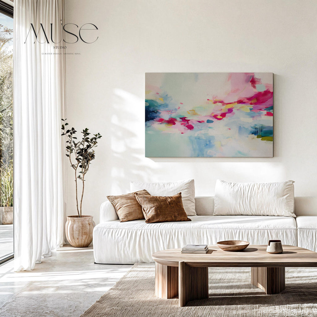 Horizontal abstract artwork in blush pink, magenta, lemon yellow, soft mint, and navy, layered over a pale ivory background with painterly brushstrokes and expressive movement. The soft color transitions and energetic drips reflect a modern, boho-inspired style. Ideal for soft contemporary, dopamine decor, and feminine interior trends, this piece brings a joyful, curated vibe to bedrooms, creative studios, or styled living rooms.