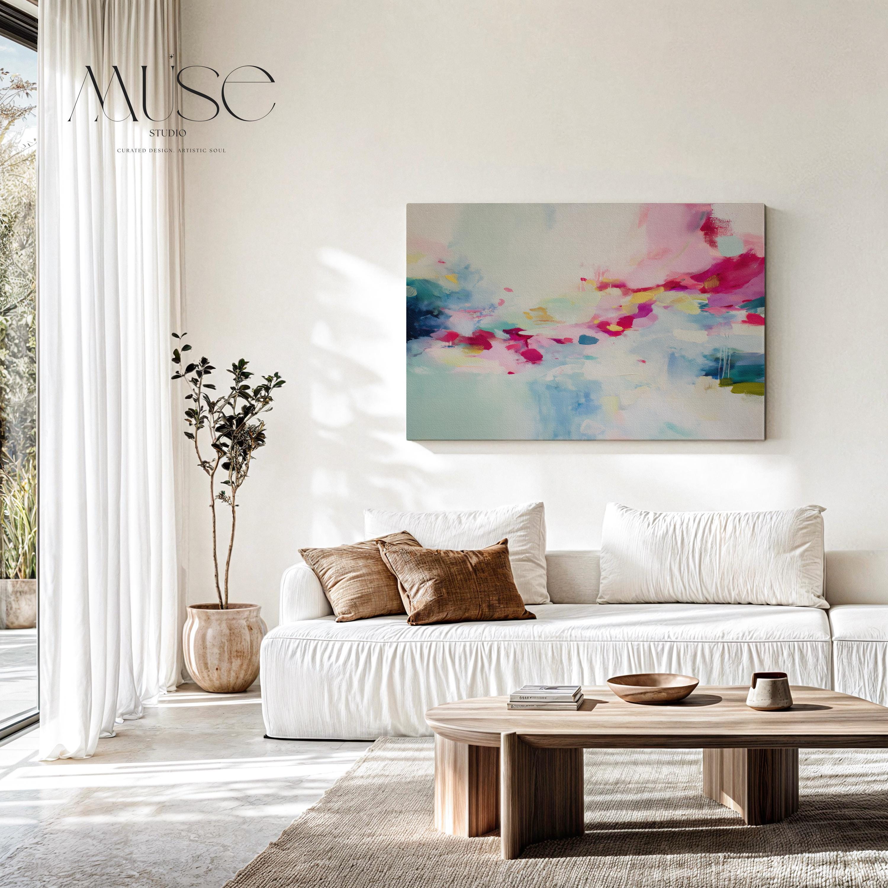 Horizontal abstract artwork in blush pink, magenta, lemon yellow, soft mint, and navy, layered over a pale ivory background with painterly brushstrokes and expressive movement. The soft color transitions and energetic drips reflect a modern, boho-inspired style. Ideal for soft contemporary, dopamine decor, and feminine interior trends, this piece brings a joyful, curated vibe to bedrooms, creative studios, or styled living rooms.