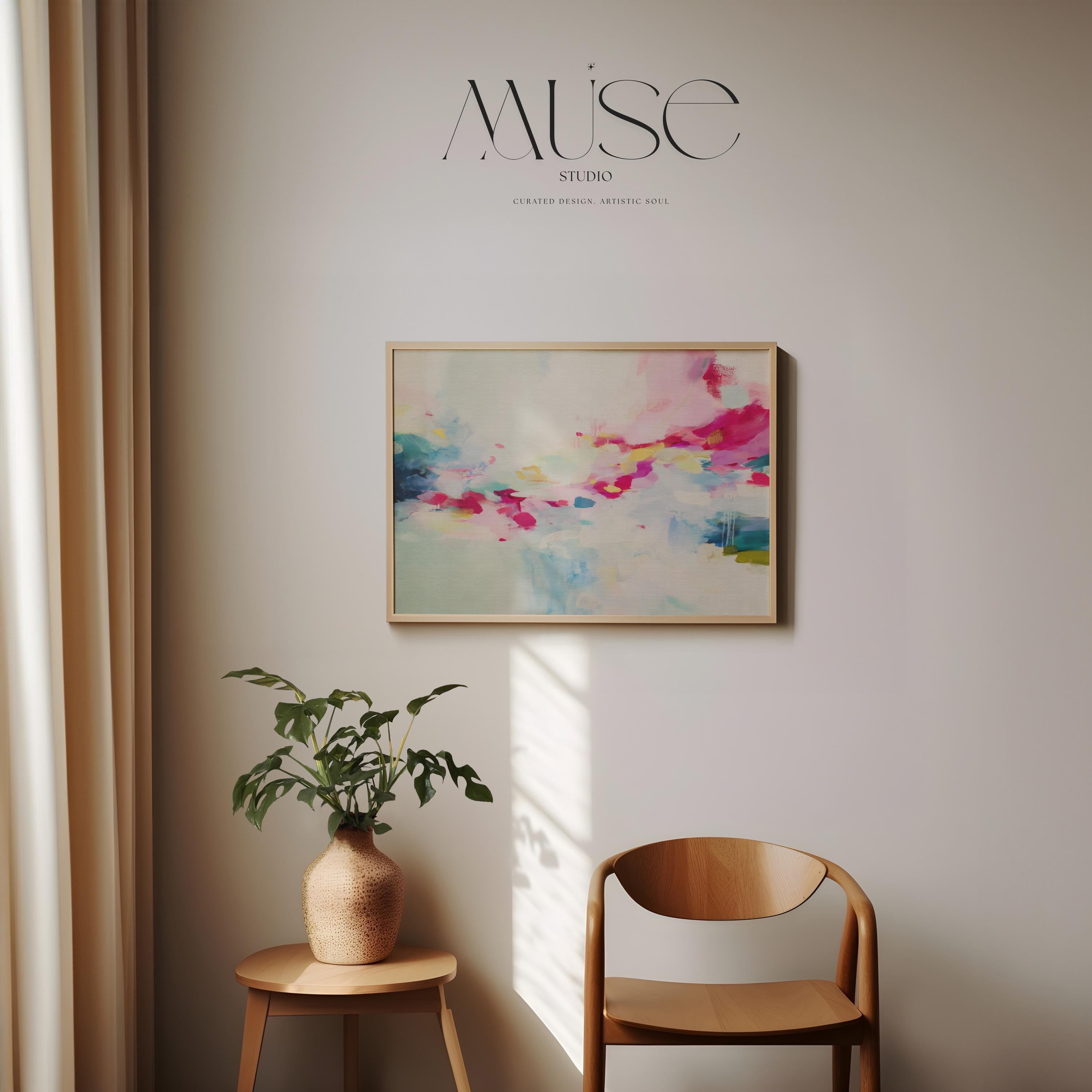 Horizontal abstract artwork in blush pink, magenta, lemon yellow, soft mint, and navy, layered over a pale ivory background with painterly brushstrokes and expressive movement. The soft color transitions and energetic drips reflect a modern, boho-inspired style. Ideal for soft contemporary, dopamine decor, and feminine interior trends, this piece brings a joyful, curated vibe to bedrooms, creative studios, or styled living rooms.