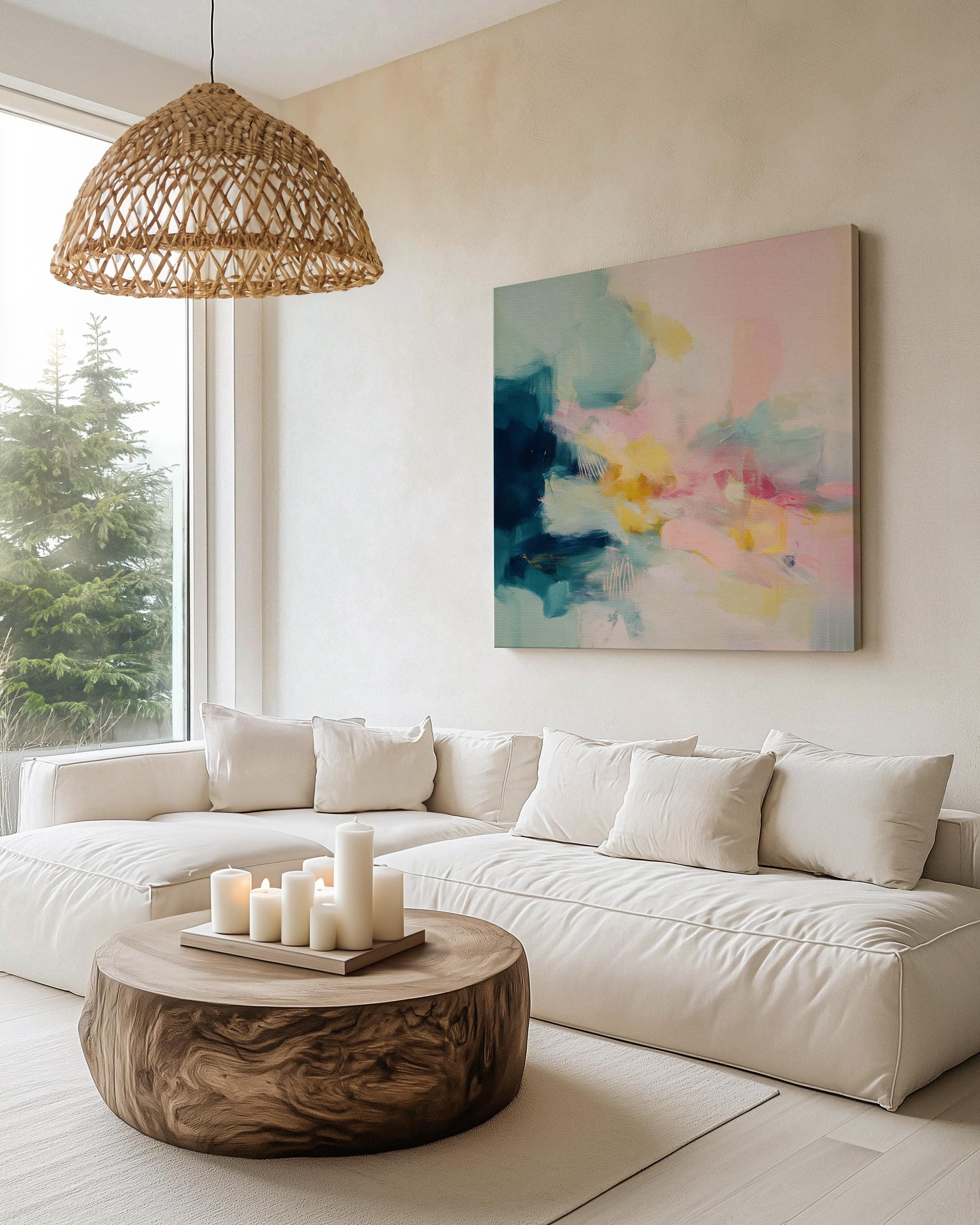 Petal Blush 319 by Muse Studio pastel abstract wall art featuring blush pink, teal, butter yellow and deep teal painterly movement on premium gallery-wrapped artist canvas with museum-grade giclée inks, ideal for soft contemporary bedrooms and designer living rooms.