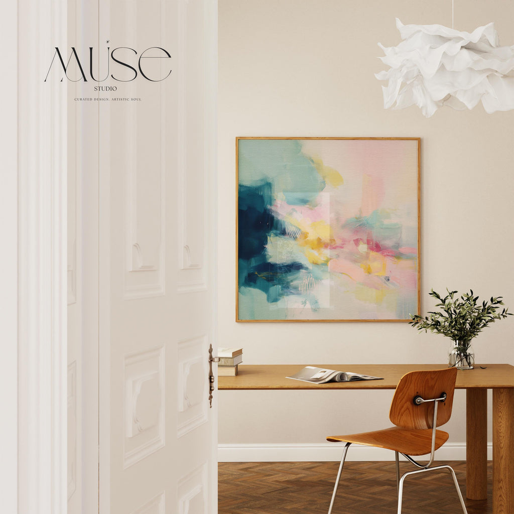 Petal Blush 319 by Muse Studio pastel abstract wall art featuring blush pink, teal, butter yellow and deep teal painterly movement on premium gallery-wrapped artist canvas with museum-grade giclée inks, ideal for soft contemporary bedrooms and designer living rooms.