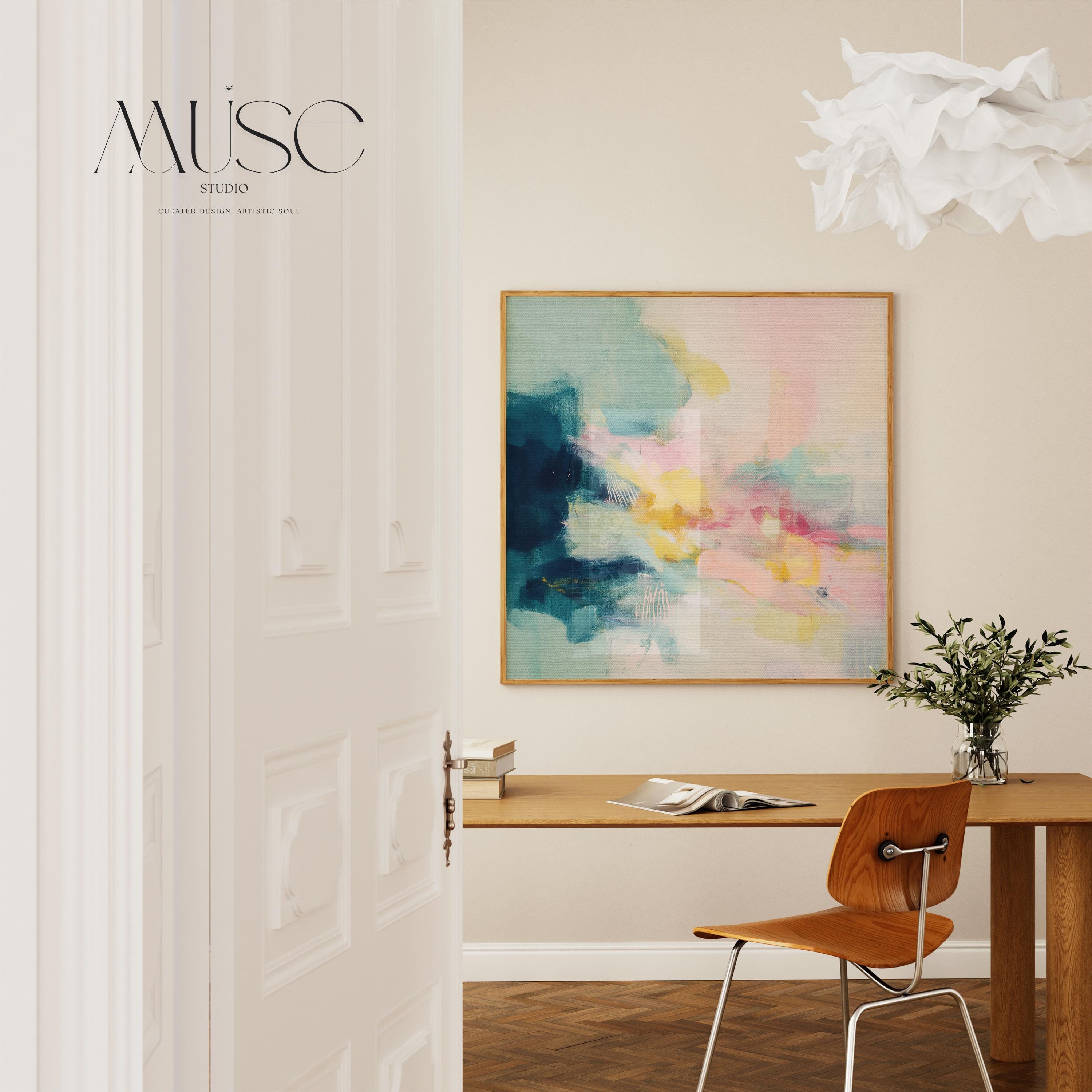 Petal Blush 319 by Muse Studio pastel abstract wall art featuring blush pink, teal, butter yellow and deep teal painterly movement on premium gallery-wrapped artist canvas with museum-grade giclée inks, ideal for soft contemporary bedrooms and designer living rooms.