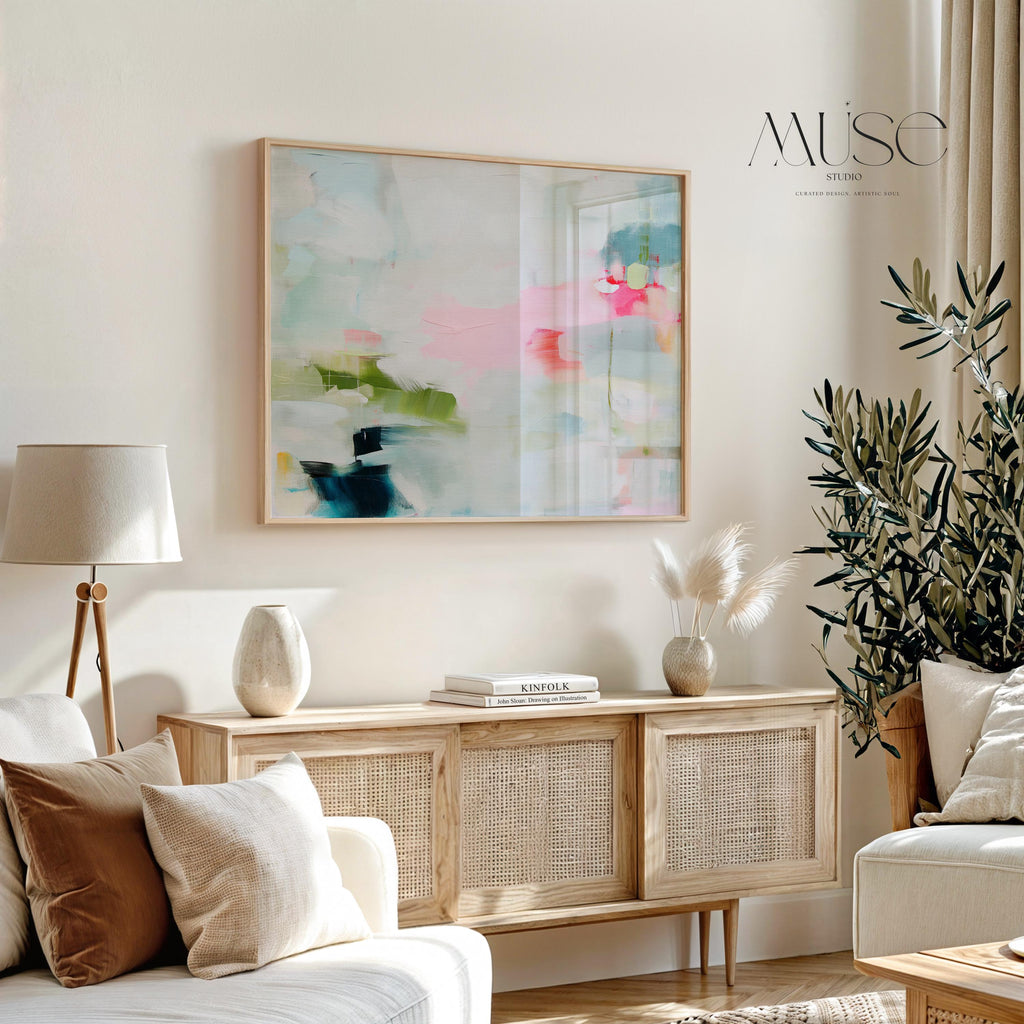 Soft abstract canvas wall art featuring blush pink, sage green, and navy with airy brushstrokes and a serene layout. This large modern artwork suits living rooms, bedrooms, or transitional interiors. Available as a canvas wrap, floating frame, or giclée art print. Available as a fine art poster or canvas wall art for curated, color-forward decor.