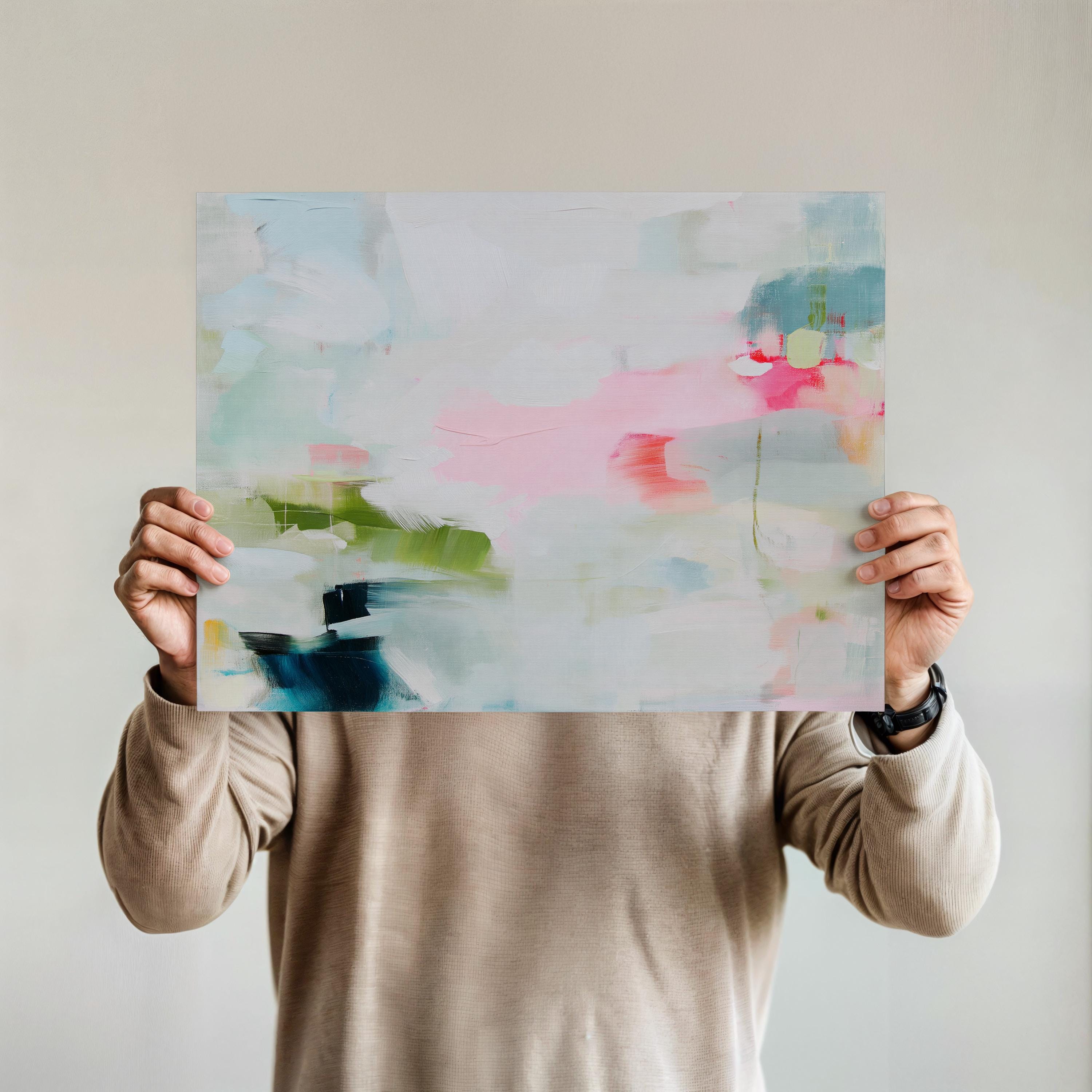 Soft abstract canvas wall art featuring blush pink, sage green, and navy with airy brushstrokes and a serene layout. This large modern artwork suits living rooms, bedrooms, or transitional interiors. Available as a canvas wrap, floating frame, or giclée art print. Available as a fine art poster or canvas wall art for curated, color-forward decor.