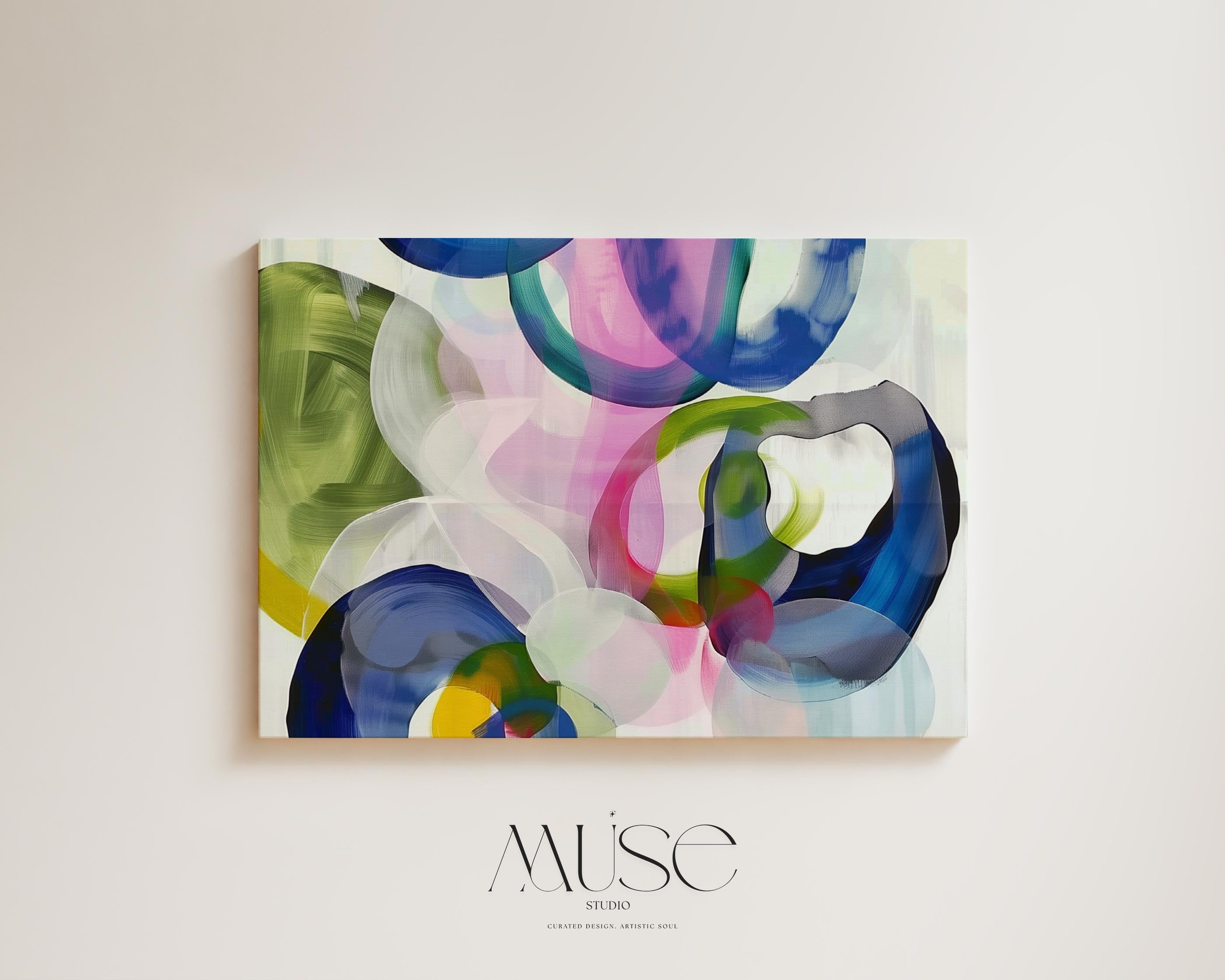 Colorful abstract canvas art featuring layered translucent brushstrokes in olive green, cobalt blue, rose pink, and deep black on a light background. The playful overlapping circles and bold movement make this piece ideal for eclectic interiors or vibrant living rooms. Available as a fine art poster or canvas wall art for curated, color-forward decor.