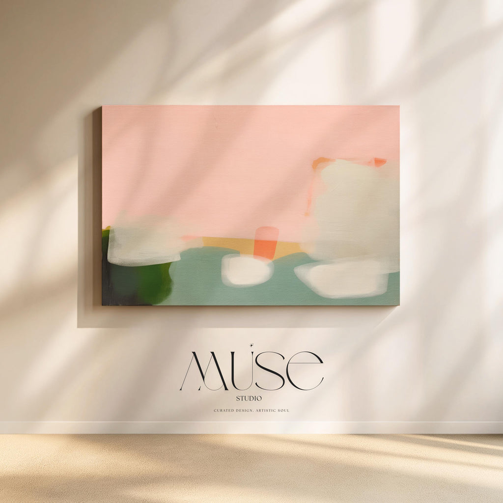 Stretched Canvas Art Large abstract wall decor on stretched canvas, gallery-wrapped and ready to hang. Perfect for colorful wall art in living rooms, office spaces, and design projects. Giclée canvas print with bold brushwork and vibrant modern style for impactful home decor. Muse Studio Decor Art. Warm Minimalist Abstract Canvas Wall Art Peach Green Pink Modern Horizontal Painting for Living Room Office or Entryway Decor Art 363