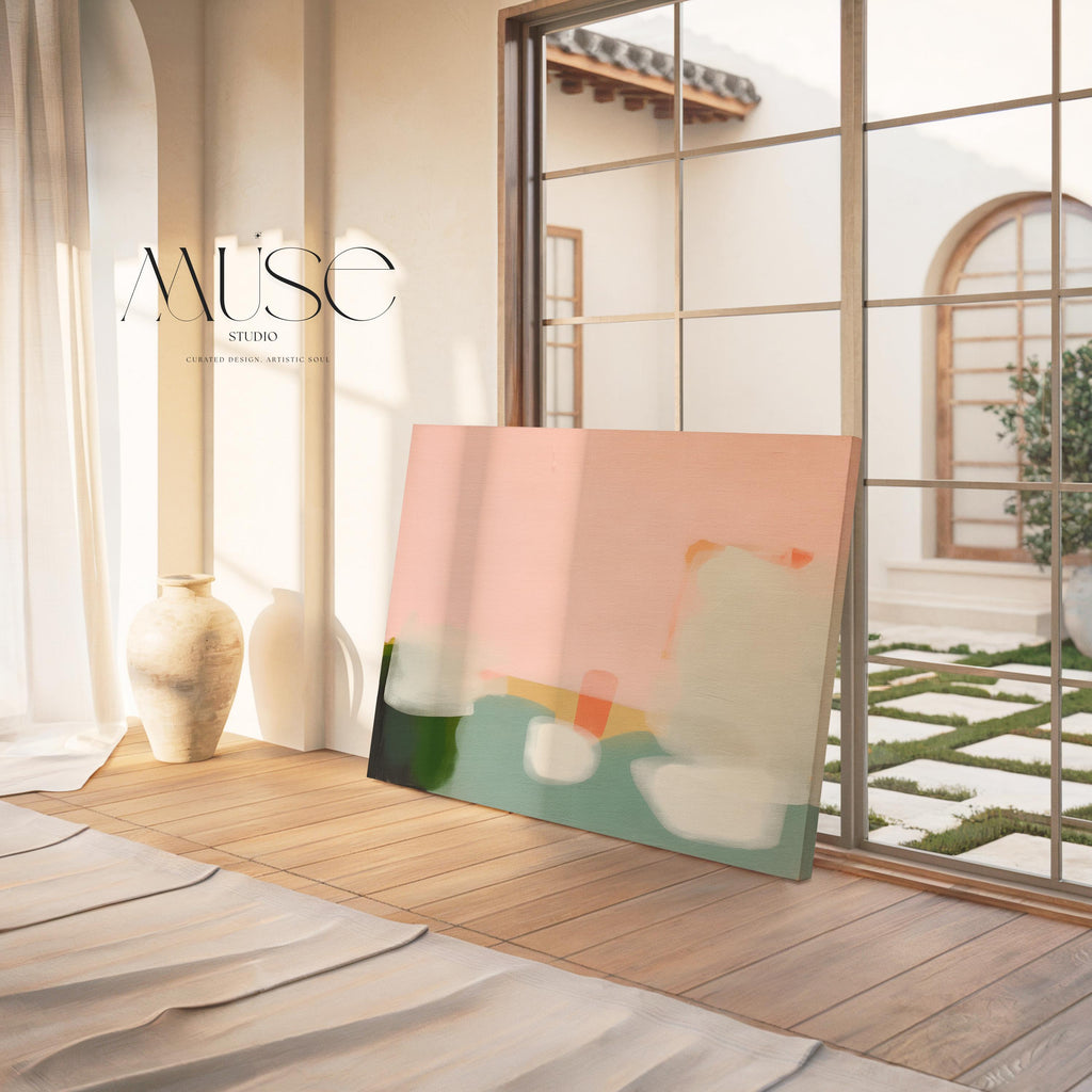Stretched Canvas Art Large abstract wall decor on stretched canvas, gallery-wrapped and ready to hang. Perfect for colorful wall art in living rooms, office spaces, and design projects. Giclée canvas print with bold brushwork and vibrant modern style for impactful home decor. Muse Studio Decor Art. Warm Minimalist Abstract Canvas Wall Art Peach Green Pink Modern Horizontal Painting for Living Room Office or Entryway Decor Art 363