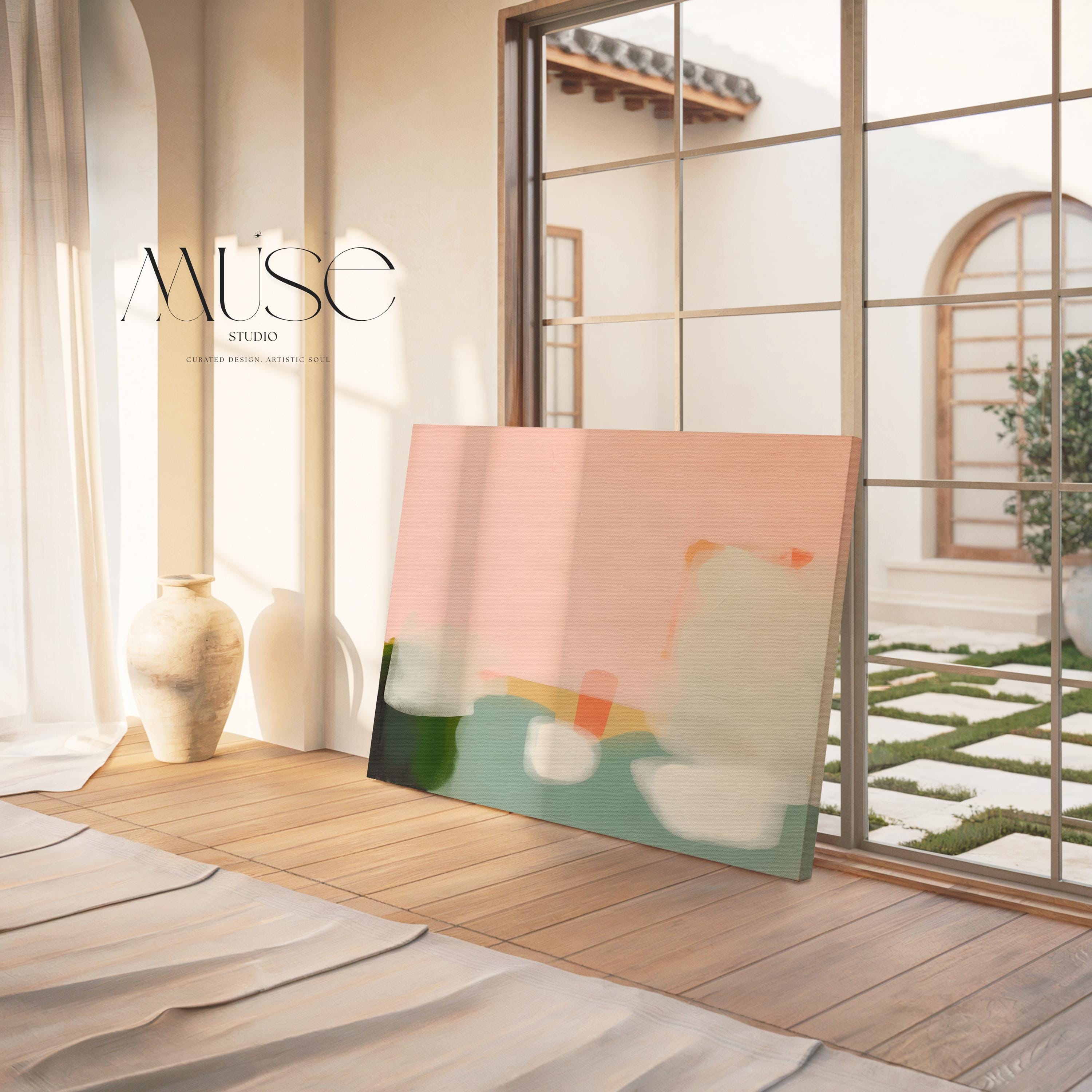 Stretched Canvas Art Large abstract wall decor on stretched canvas, gallery-wrapped and ready to hang. Perfect for colorful wall art in living rooms, office spaces, and design projects. Giclée canvas print with bold brushwork and vibrant modern style for impactful home decor. Muse Studio Decor Art. Warm Minimalist Abstract Canvas Wall Art Peach Green Pink Modern Horizontal Painting for Living Room Office or Entryway Decor Art 363