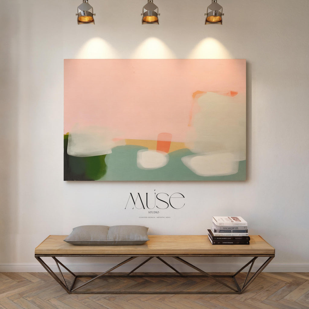Stretched Canvas Art Large abstract wall decor on stretched canvas, gallery-wrapped and ready to hang. Perfect for colorful wall art in living rooms, office spaces, and design projects. Giclée canvas print with bold brushwork and vibrant modern style for impactful home decor. Muse Studio Decor Art. Warm Minimalist Abstract Canvas Wall Art Peach Green Pink Modern Horizontal Painting for Living Room Office or Entryway Decor Art 363