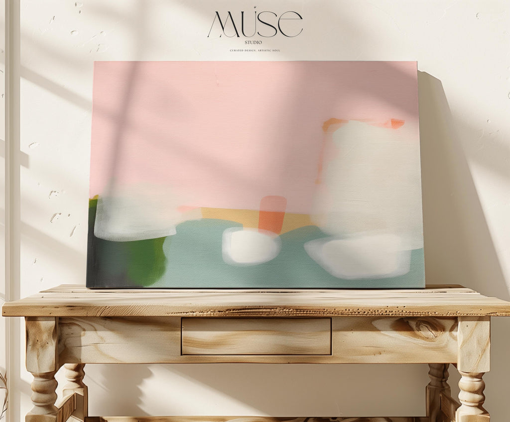 Stretched Canvas Art Large abstract wall decor on stretched canvas, gallery-wrapped and ready to hang. Perfect for colorful wall art in living rooms, office spaces, and design projects. Giclée canvas print with bold brushwork and vibrant modern style for impactful home decor. Muse Studio Decor Art. Warm Minimalist Abstract Canvas Wall Art Peach Green Pink Modern Horizontal Painting for Living Room Office or Entryway Decor Art 363