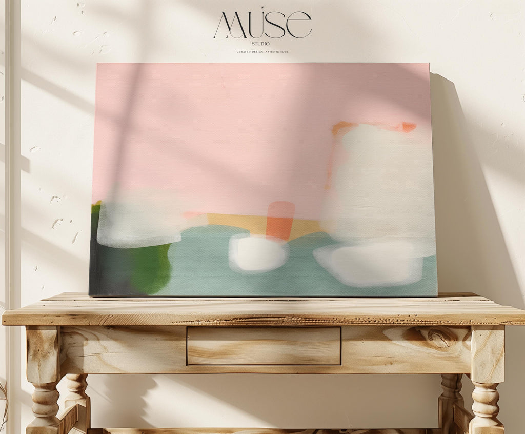 Stretched Canvas Art Large abstract wall decor on stretched canvas, gallery-wrapped and ready to hang. Perfect for colorful wall art in living rooms, office spaces, and design projects. Giclée canvas print with bold brushwork and vibrant modern style for impactful home decor. Muse Studio Decor Art. Warm Minimalist Abstract Canvas Wall Art Peach Green Pink Modern Horizontal Painting for Living Room Office or Entryway Decor Art 363