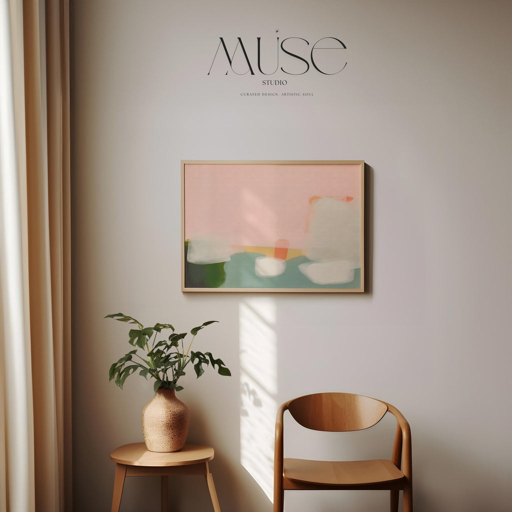 Warm Minimalist Abstract Art Print  in Peach and Green Horizontal Soft Pastel Painting for Bedroom Entryway or Office Decor 363