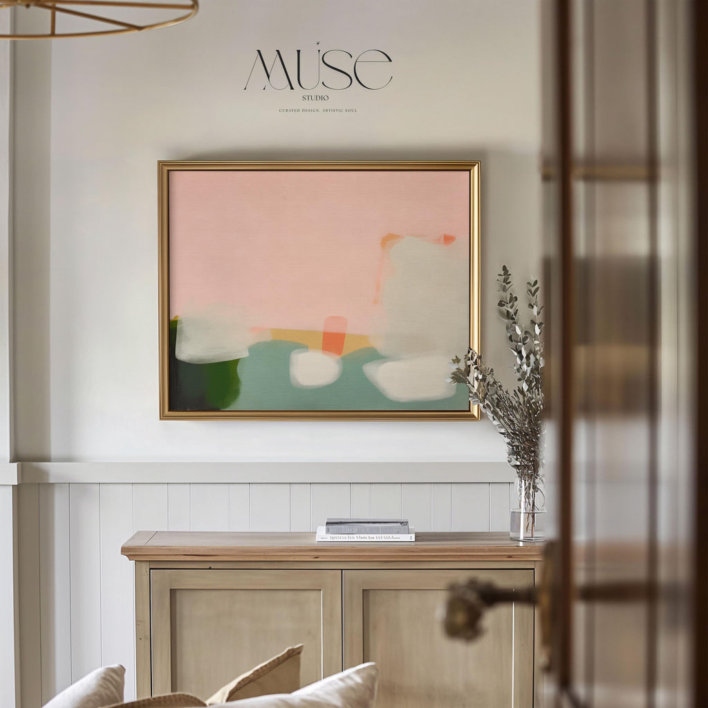 Warm Minimalist Abstract Art Print  in Peach and Green Horizontal Soft Pastel Painting for Bedroom Entryway or Office Decor 363