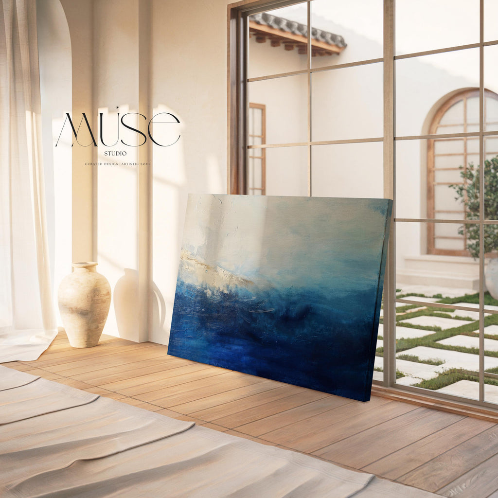 Ocean Blue Abstract Wall Art Print Coastal Inspired Horizontal Painting with Moody Navy and Cream Tones for Bedroom or Office Decor 347