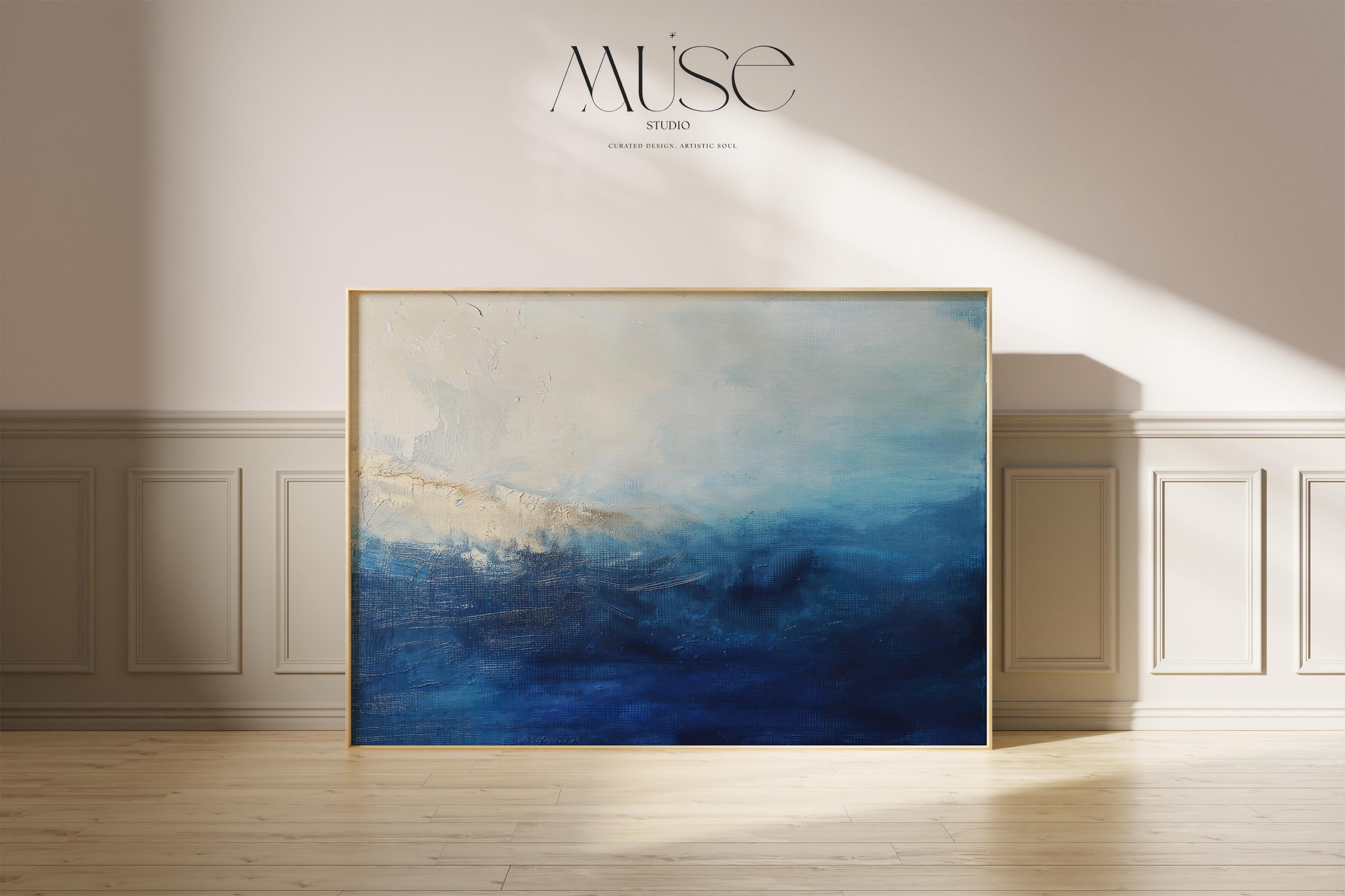 Ocean Horizon Abstract Art Print  Moody Blue and Cream Coastal Painting Large Horizontal Wall Decor for Bedroom or Office Framed 347