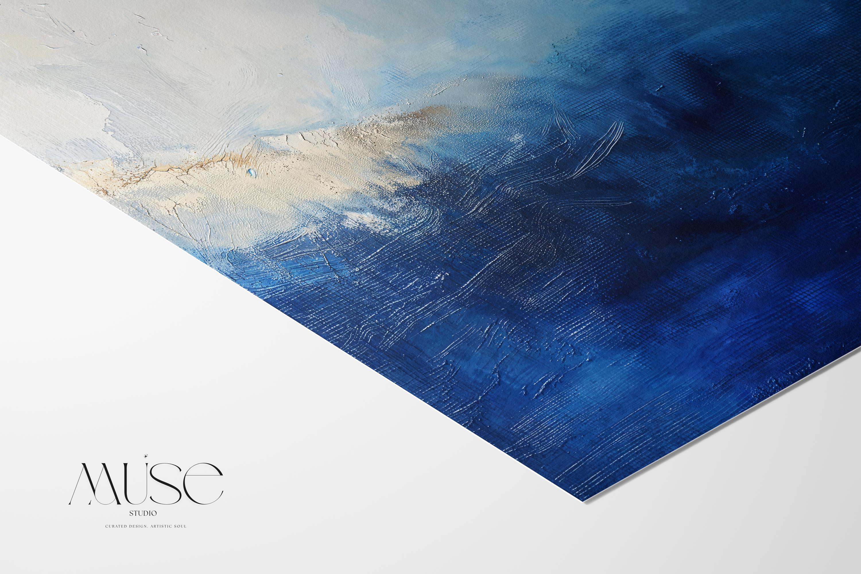 Ocean Horizon Abstract Art Print  Moody Blue and Cream Coastal Painting Large Horizontal Wall Decor for Bedroom or Office Framed 347