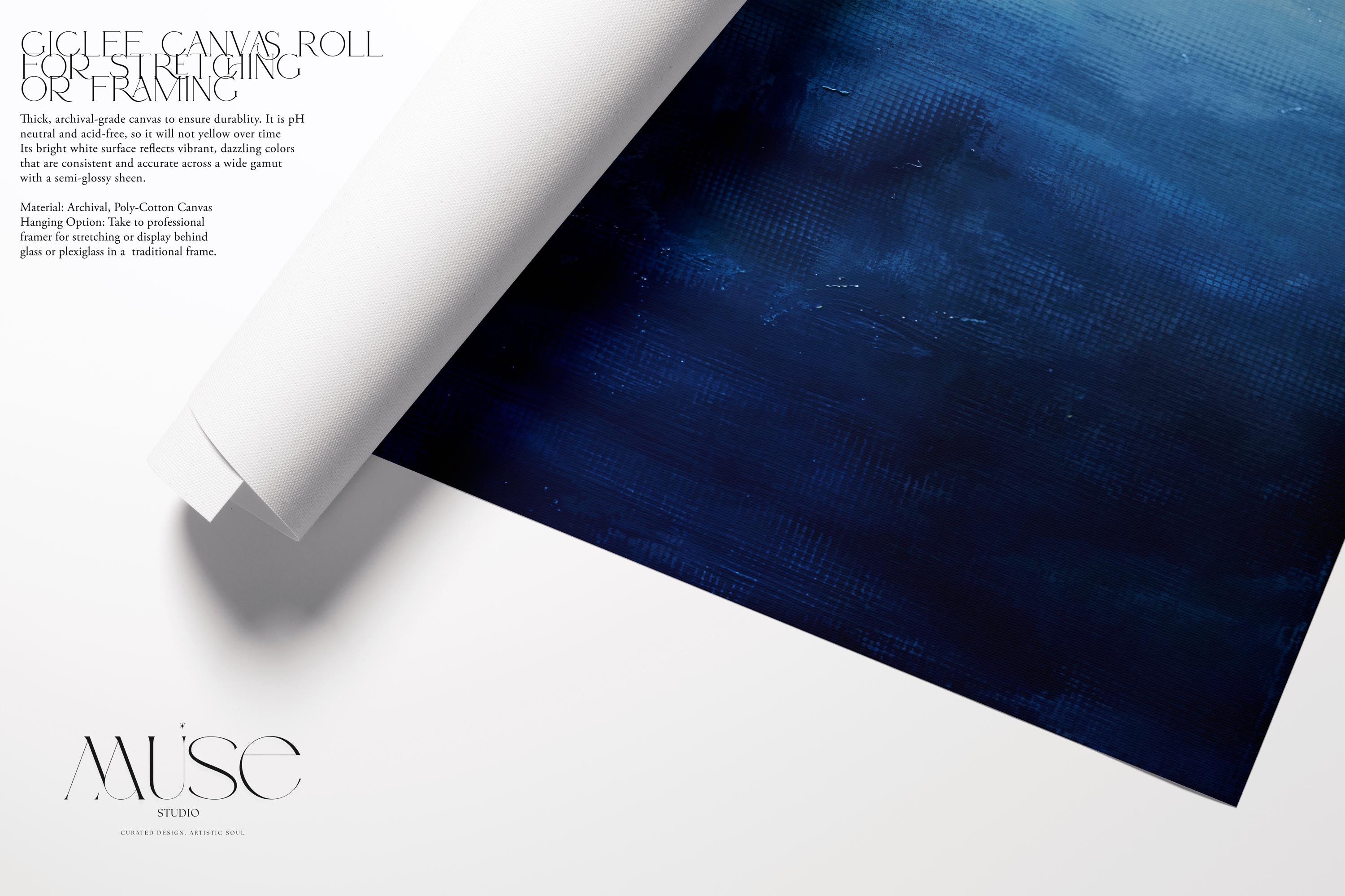 Ocean Horizon Abstract Art Print  Moody Blue and Cream Coastal Painting Large Horizontal Wall Decor for Bedroom or Office Framed 347