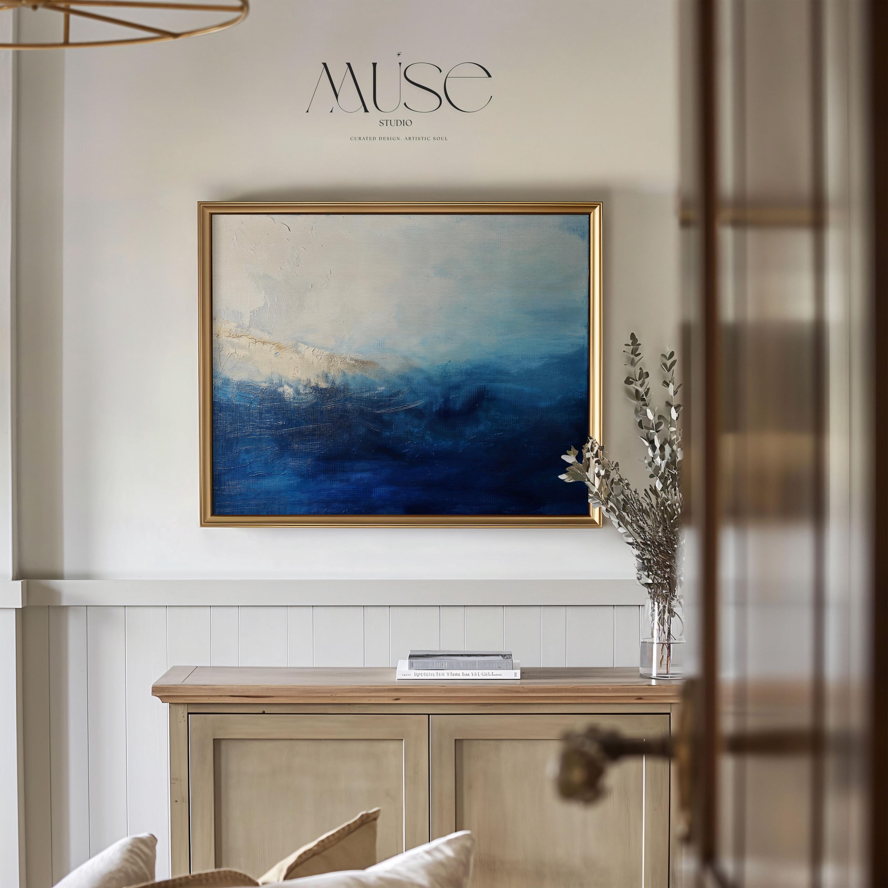 Ocean Horizon Abstract Art Print  Moody Blue and Cream Coastal Painting Large Horizontal Wall Decor for Bedroom or Office Framed 347
