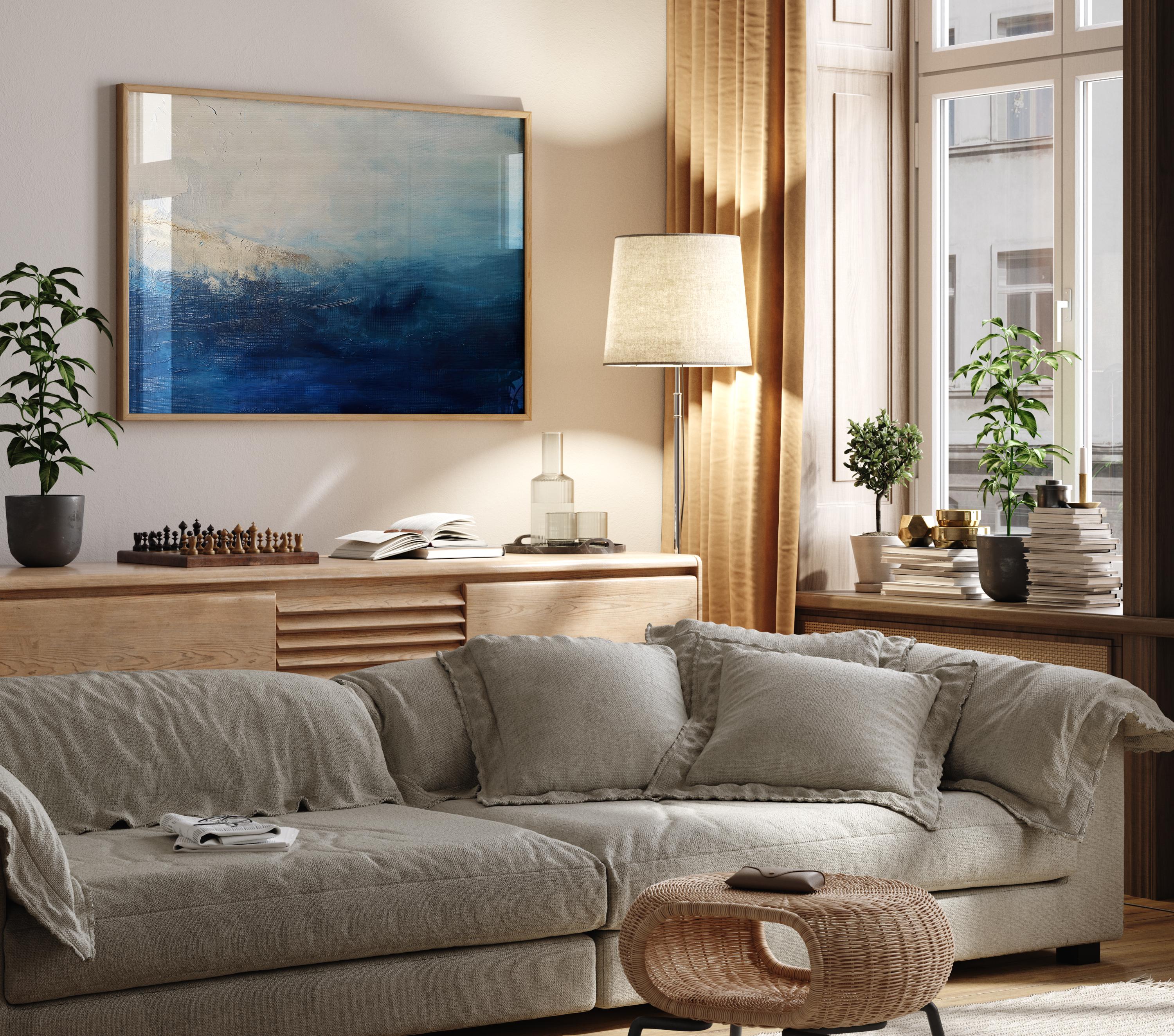 Ocean Horizon Abstract Art Print  Moody Blue and Cream Coastal Painting Large Horizontal Wall Decor for Bedroom or Office Framed 347