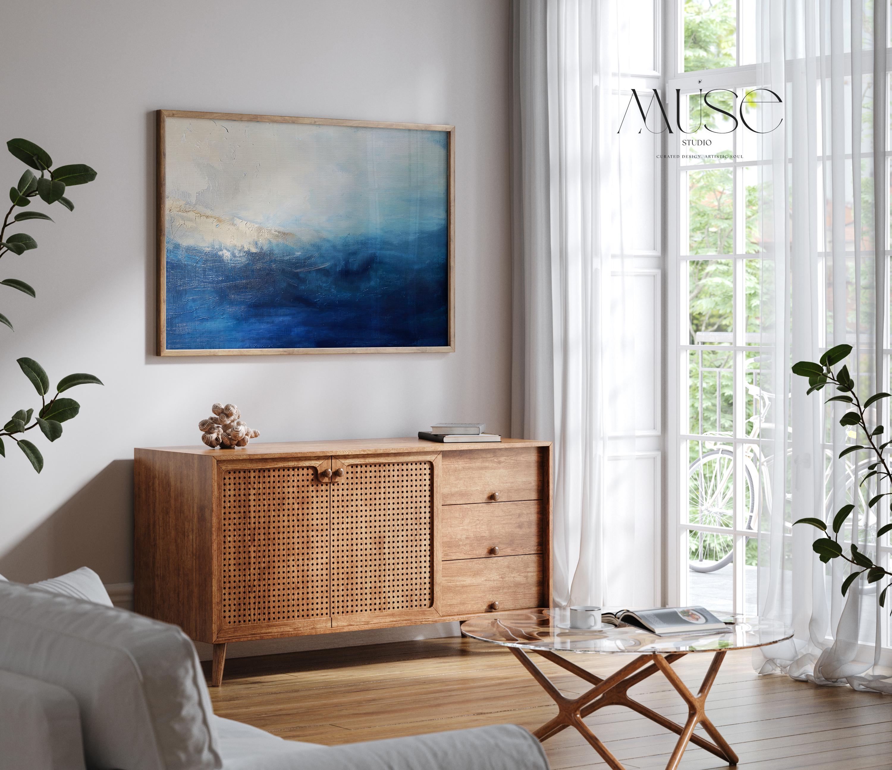 Ocean Horizon Abstract Art Print  Moody Blue and Cream Coastal Painting Large Horizontal Wall Decor for Bedroom or Office Framed 347