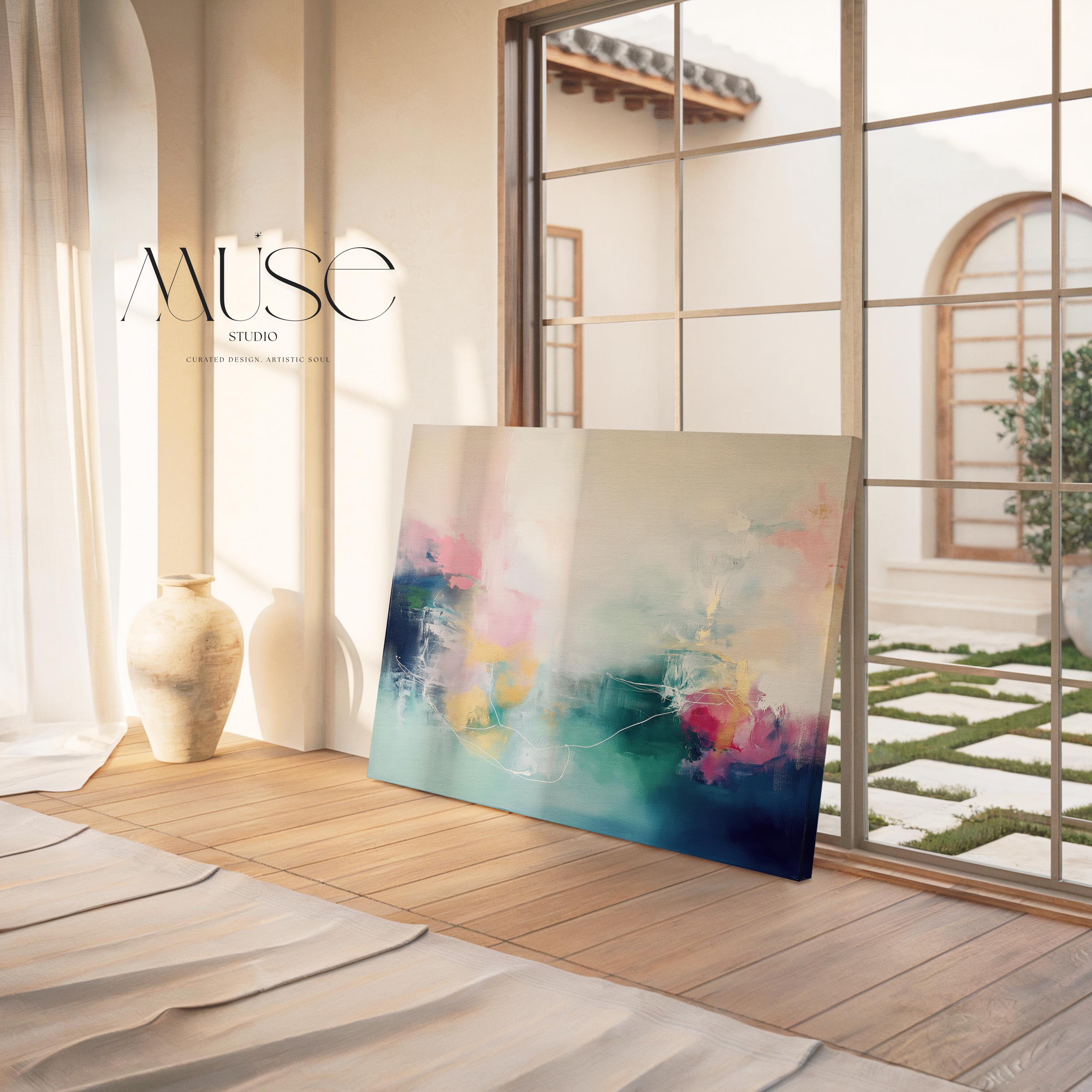 Stretched Canvas Art Large abstract wall decor on stretched canvas, gallery-wrapped and ready to hang. Perfect for colorful wall art in living rooms, office spaces, and design projects. Giclée canvas print with bold brushwork and vibrant modern style for impactful home decor. Muse Studio Decor Art. Soft Abstract Canvas Art Blush Teal Yellow and Navy Painting Gentle Contemporary Wall Decor for Bedroom Living Room or Office 202