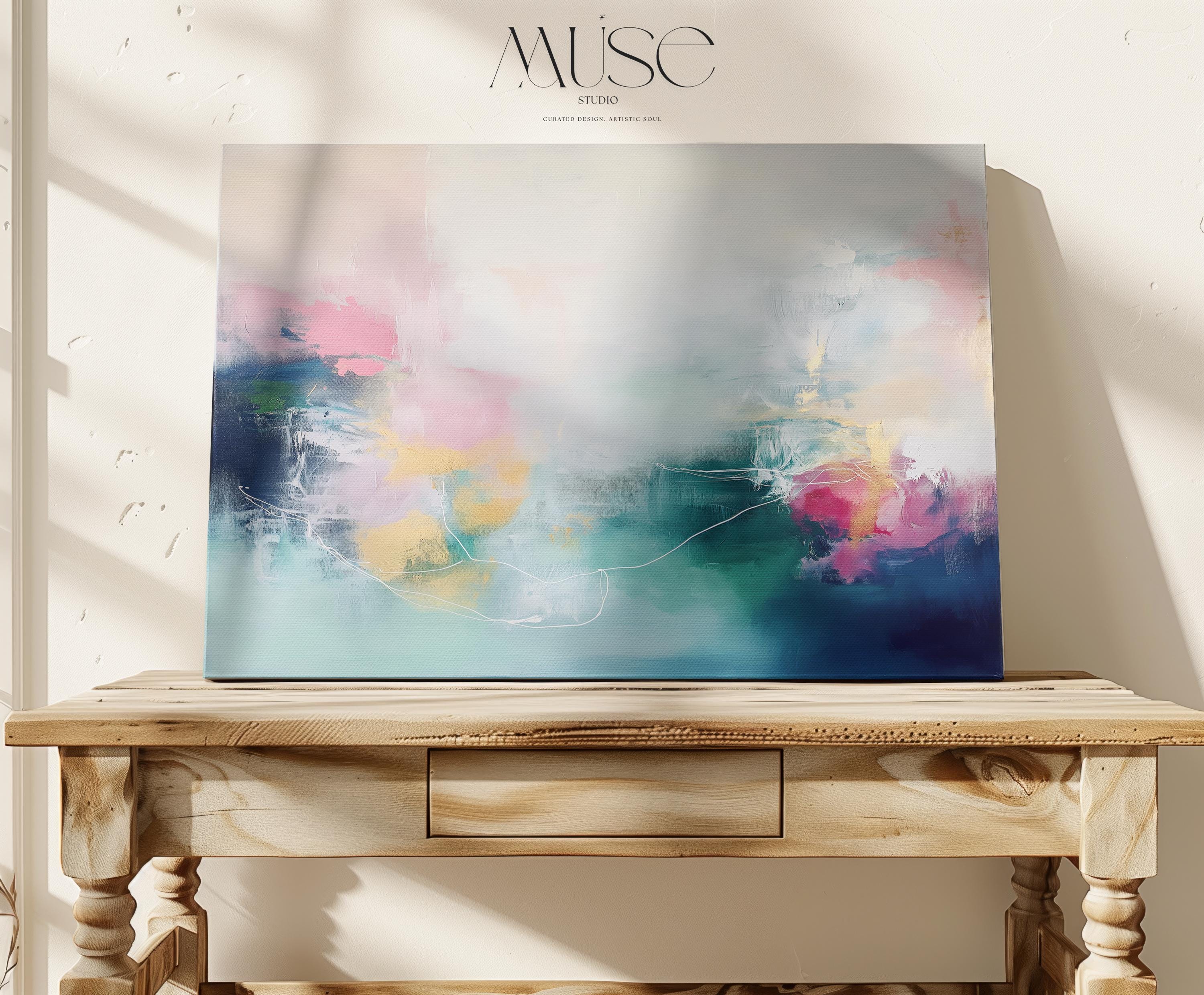 Stretched Canvas Art Large abstract wall decor on stretched canvas, gallery-wrapped and ready to hang. Perfect for colorful wall art in living rooms, office spaces, and design projects. Giclée canvas print with bold brushwork and vibrant modern style for impactful home decor. Muse Studio Decor Art. Soft Abstract Canvas Art Blush Teal Yellow and Navy Painting Gentle Contemporary Wall Decor for Bedroom Living Room or Office 202