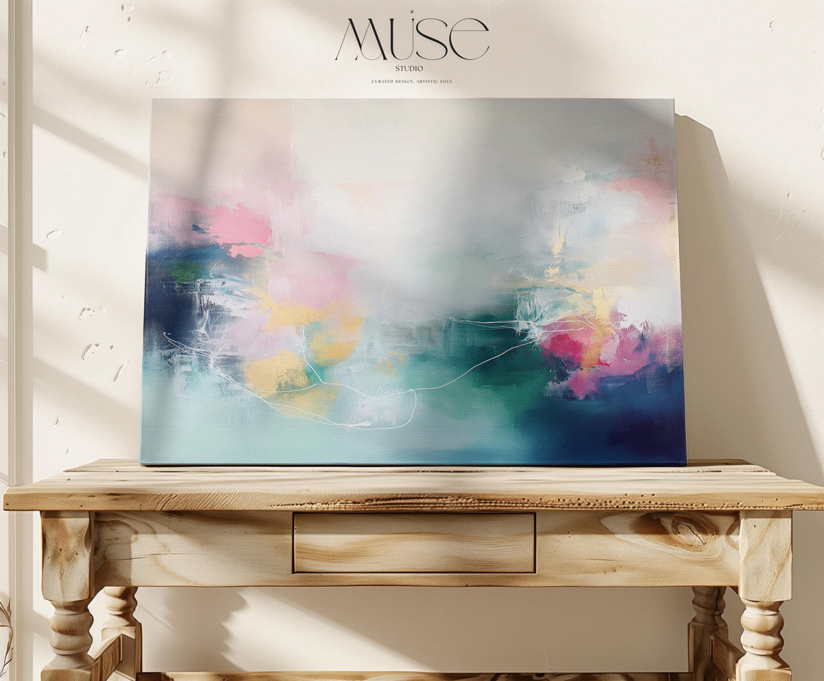 Stretched Canvas Art Large abstract wall decor on stretched canvas, gallery-wrapped and ready to hang. Perfect for colorful wall art in living rooms, office spaces, and design projects. Giclée canvas print with bold brushwork and vibrant modern style for impactful home decor. Muse Studio Decor Art. Soft Abstract Canvas Art Blush Teal Yellow and Navy Painting Gentle Contemporary Wall Decor for Bedroom Living Room or Office 202
