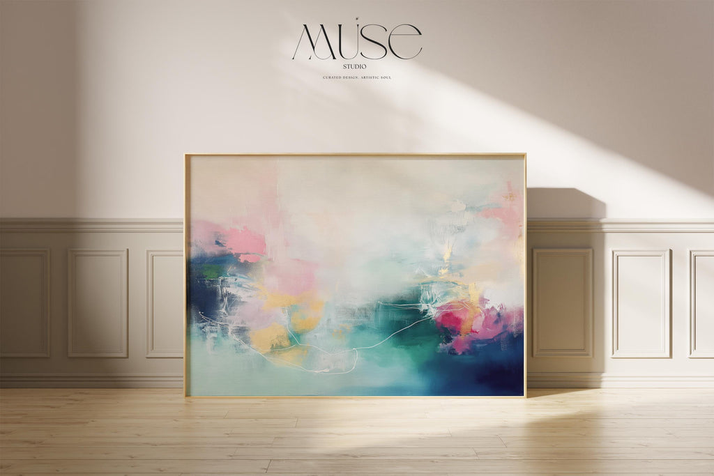 Horizontal Abstract Art Print in Blush Teal and Navy Gentle Soft Contemporary Framed Wall Decor for Bedroom Living Room Office 202