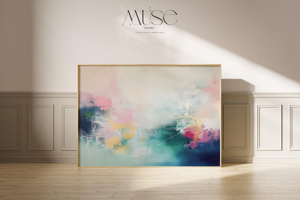 Fine art print of abstract decor art printed on rolled canvas or cold-pressed watercolor paper using giclée technique. Designed for modern interiors, home styling, or office decor. Bold and colorful statement art brings vibrant energy to curated spaces. Ideal for custom framing and large-scale wall displays. Muse Studio Decor Art. Horizontal Abstract Art Canvas in Blush Teal and Navy Gentle Soft Contemporary Framed Wall Decor for Bedroom Living Room Office 202