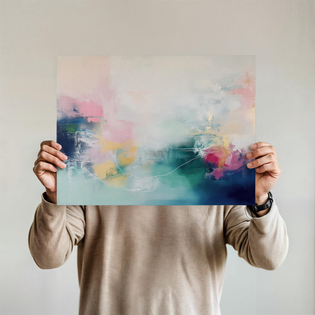 Fine art print of abstract decor art printed on rolled canvas or cold-pressed watercolor paper using giclée technique. Designed for modern interiors, home styling, or office decor. Bold and colorful statement art brings vibrant energy to curated spaces. Ideal for custom framing and large-scale wall displays. Muse Studio Decor Art. Horizontal Abstract Art Canvas in Blush Teal and Navy Gentle Soft Contemporary Framed Wall Decor for Bedroom Living Room Office 202