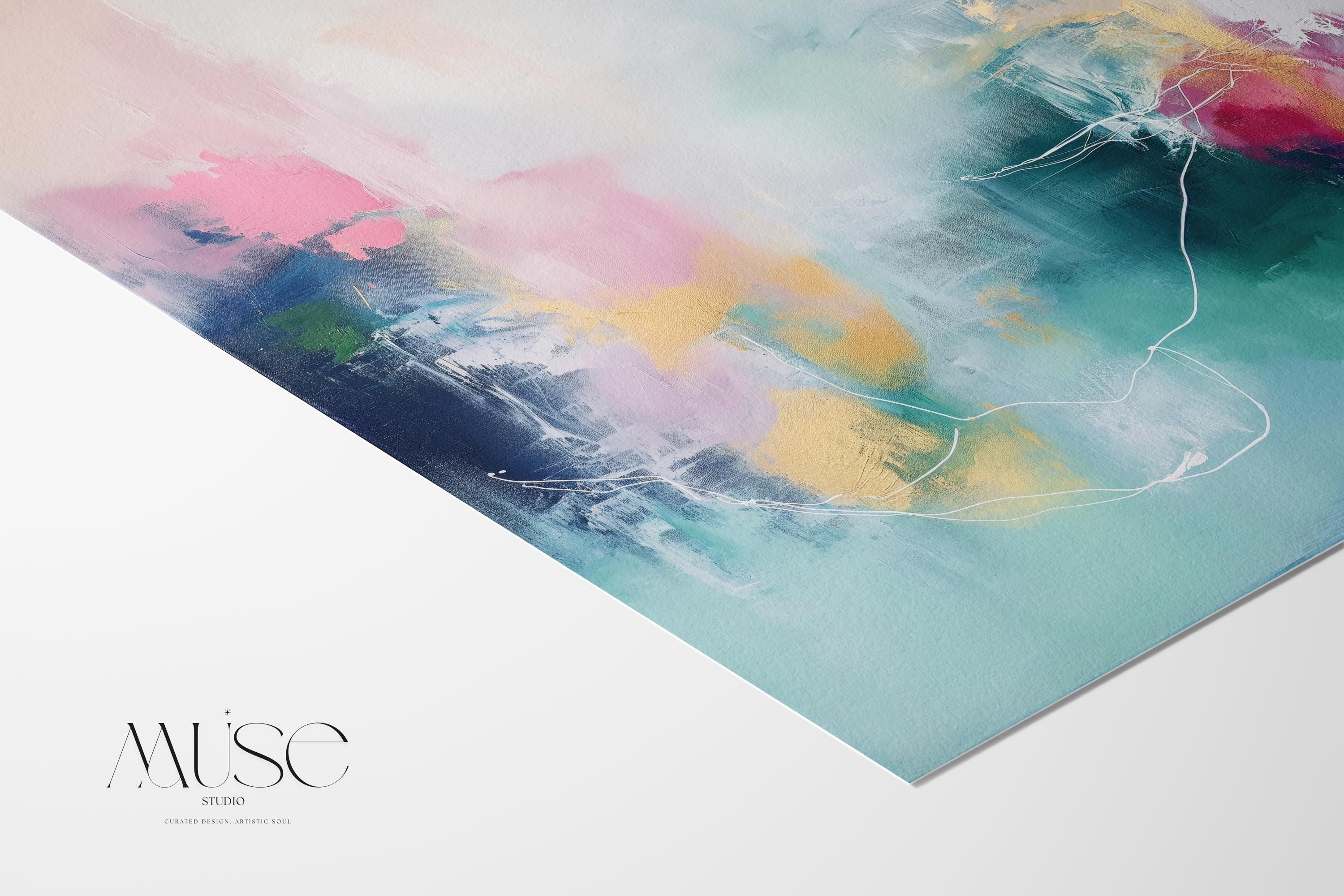 Horizontal Abstract Art Print in Blush Teal and Navy Gentle Soft Contemporary Framed Wall Decor for Bedroom Living Room Office 202