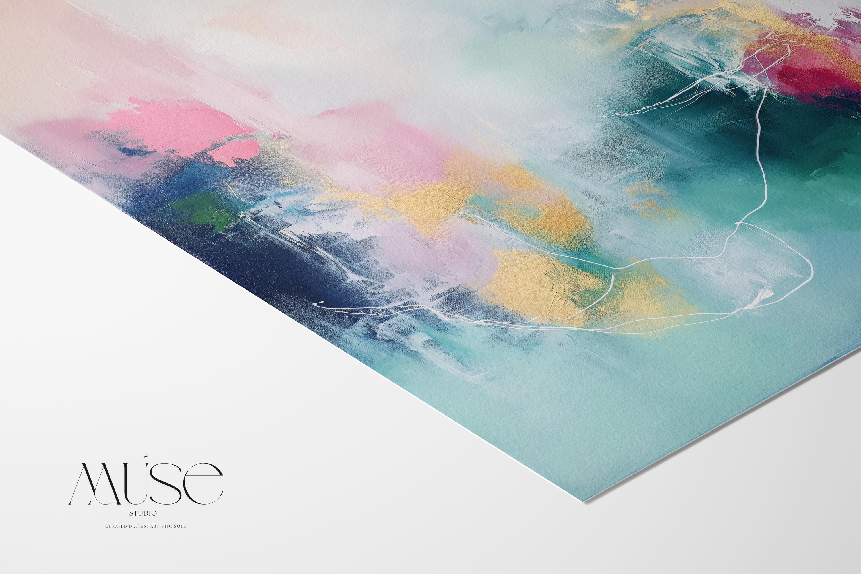 Fine art print of abstract decor art printed on rolled canvas or cold-pressed watercolor paper using giclée technique. Designed for modern interiors, home styling, or office decor. Bold and colorful statement art brings vibrant energy to curated spaces. Ideal for custom framing and large-scale wall displays. Muse Studio Decor Art. Horizontal Abstract Art Canvas in Blush Teal and Navy Gentle Soft Contemporary Framed Wall Decor for Bedroom Living Room Office 202