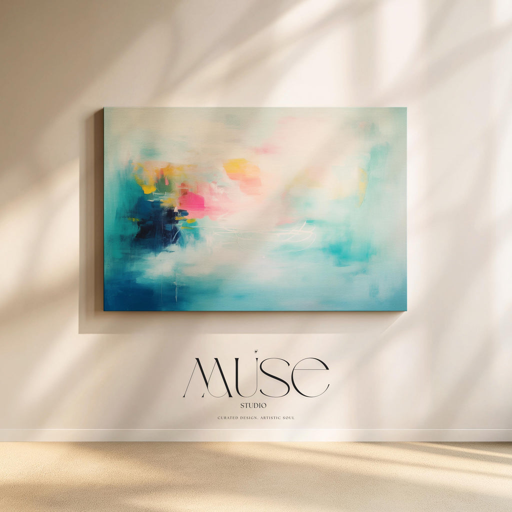 Aqua Pink and Yellow Abstract Canvas Art Soft Brights Horizontal Painting for Living Room Wall Decor Modern Contemporary Home Style 056