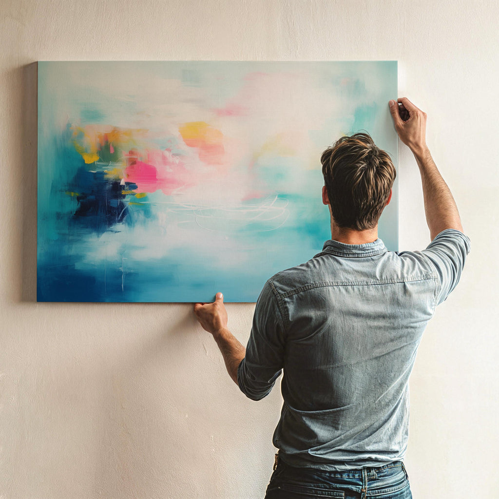 Aqua Pink and Yellow Abstract Canvas Art Soft Brights Horizontal Painting for Living Room Wall Decor Modern Contemporary Home Style 056