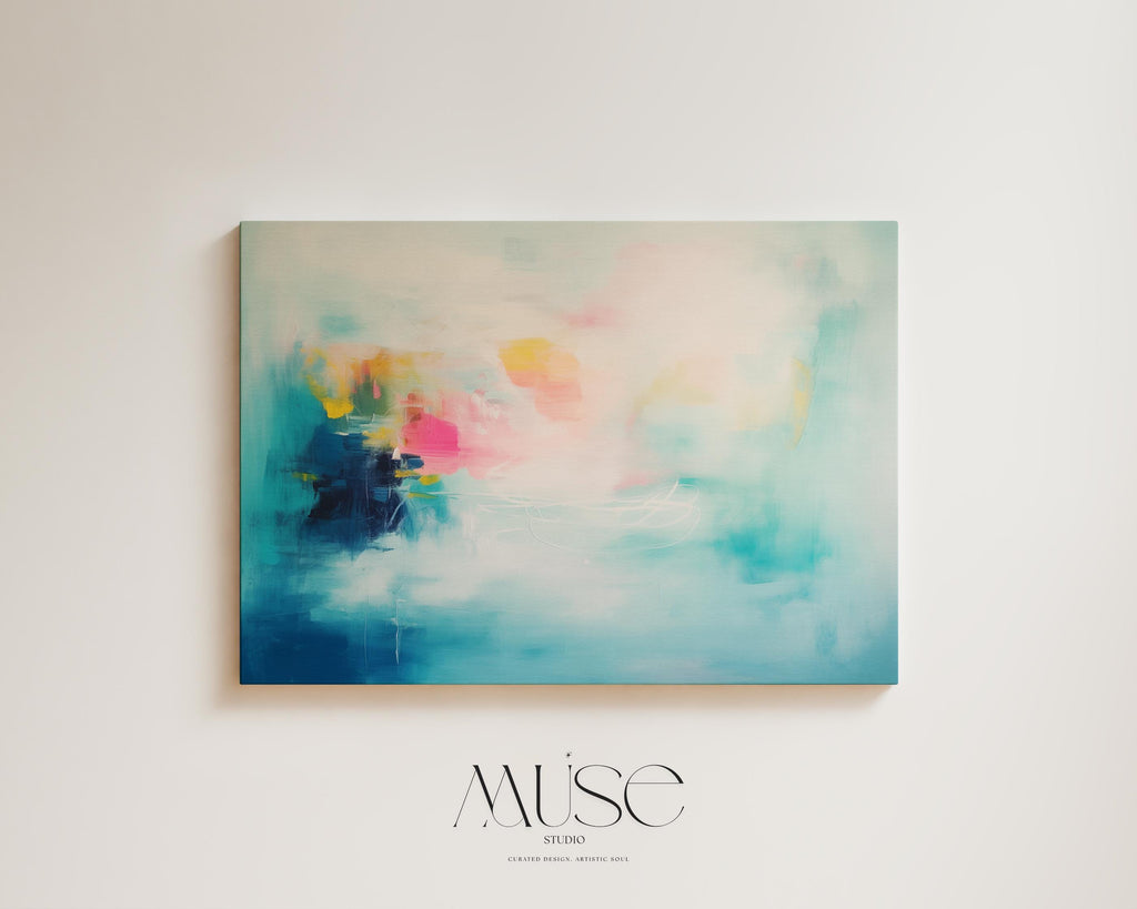 Aqua Pink and Yellow Abstract Canvas Art Soft Brights Horizontal Painting for Living Room Wall Decor Modern Contemporary Home Style 056
