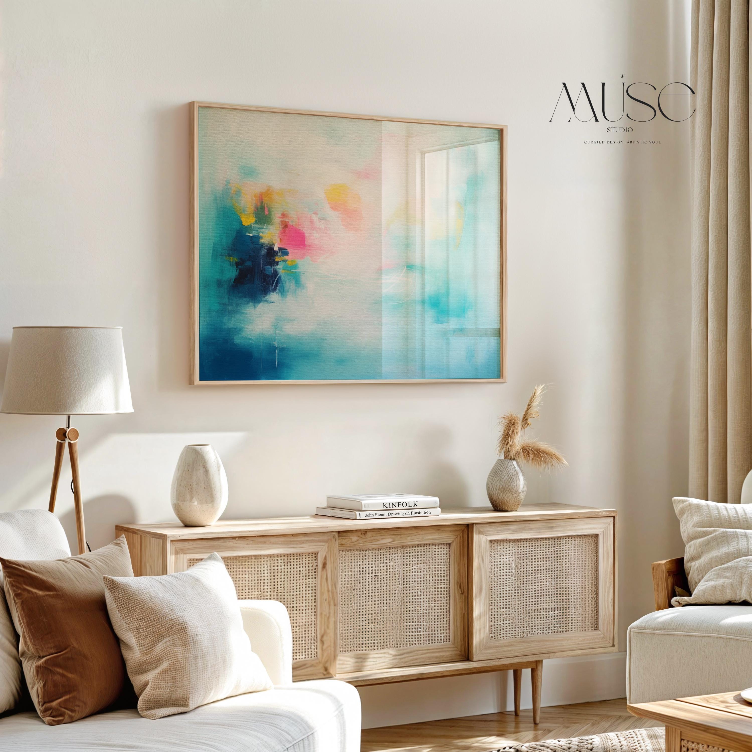 Abstract Art Print Aqua Pink and Yellow Painting Horizontal Wall Decor for Living Room Modern Soft Brights Colorful Home Style 056