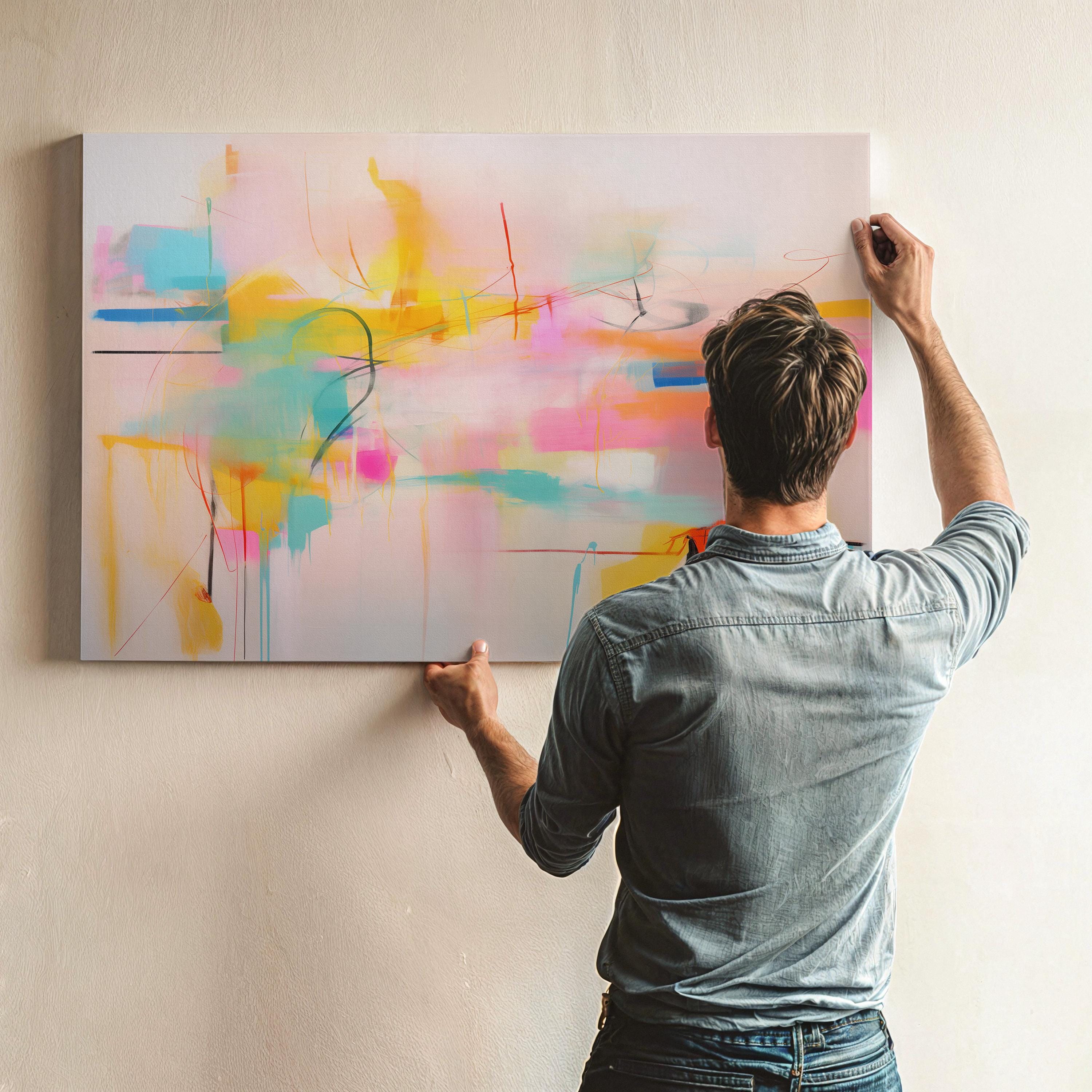 Stretched Canvas Art Large abstract wall decor on stretched canvas, gallery-wrapped and ready to hang. Perfect for colorful wall art in living rooms, office spaces, and design projects. Giclée canvas print with bold brushwork and vibrant modern style for impactful home decor. Muse Studio Decor Art. Colorful Abstract Canvas Art in Pink Yellow Aqua and Orange Bright Dopamine Decor Horizontal Wall Art for Modern Home Living Room Style 031