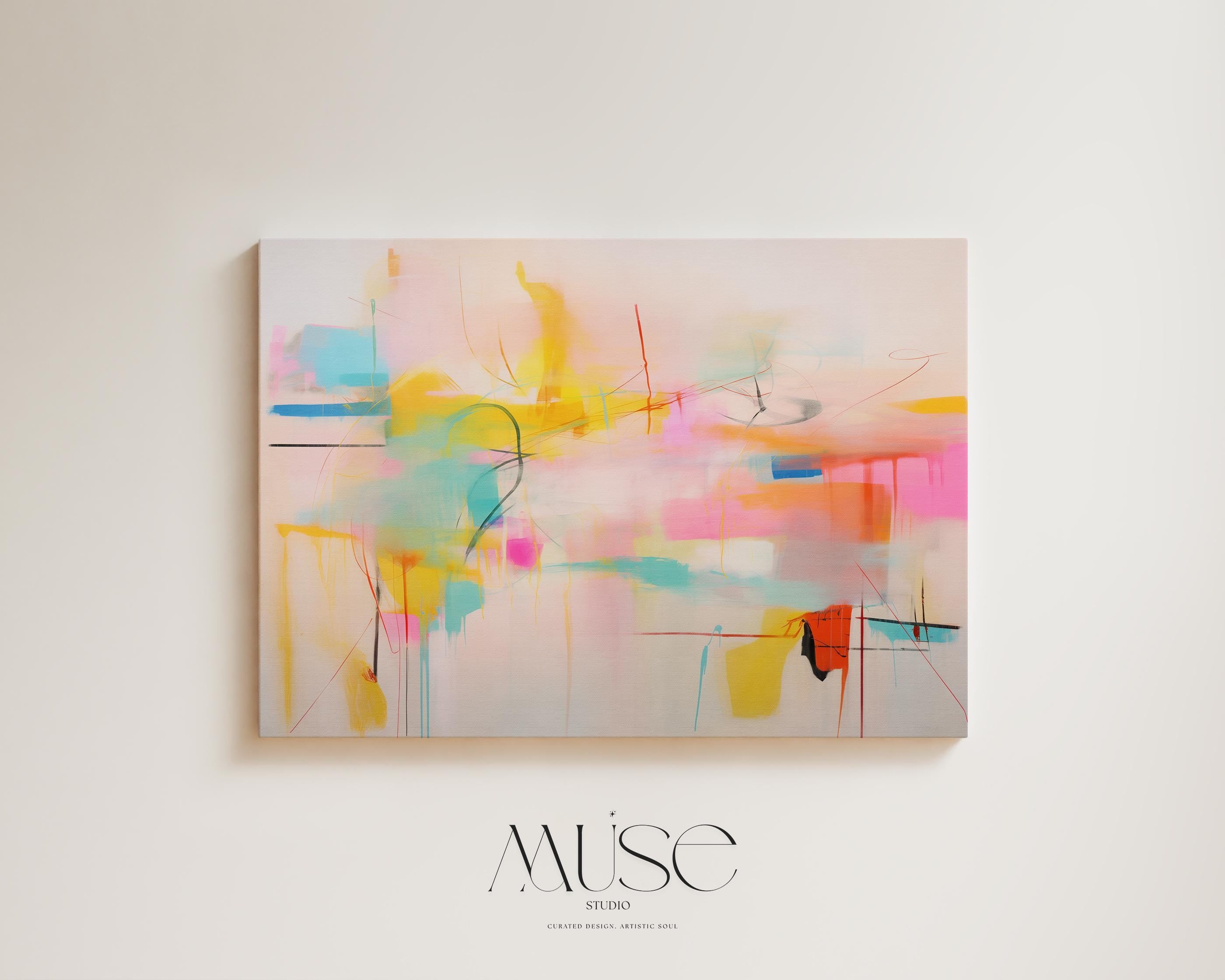 Stretched Canvas Art Large abstract wall decor on stretched canvas, gallery-wrapped and ready to hang. Perfect for colorful wall art in living rooms, office spaces, and design projects. Giclée canvas print with bold brushwork and vibrant modern style for impactful home decor. Muse Studio Decor Art. Colorful Abstract Canvas Art in Pink Yellow Aqua and Orange Bright Dopamine Decor Horizontal Wall Art for Modern Home Living Room Style 031