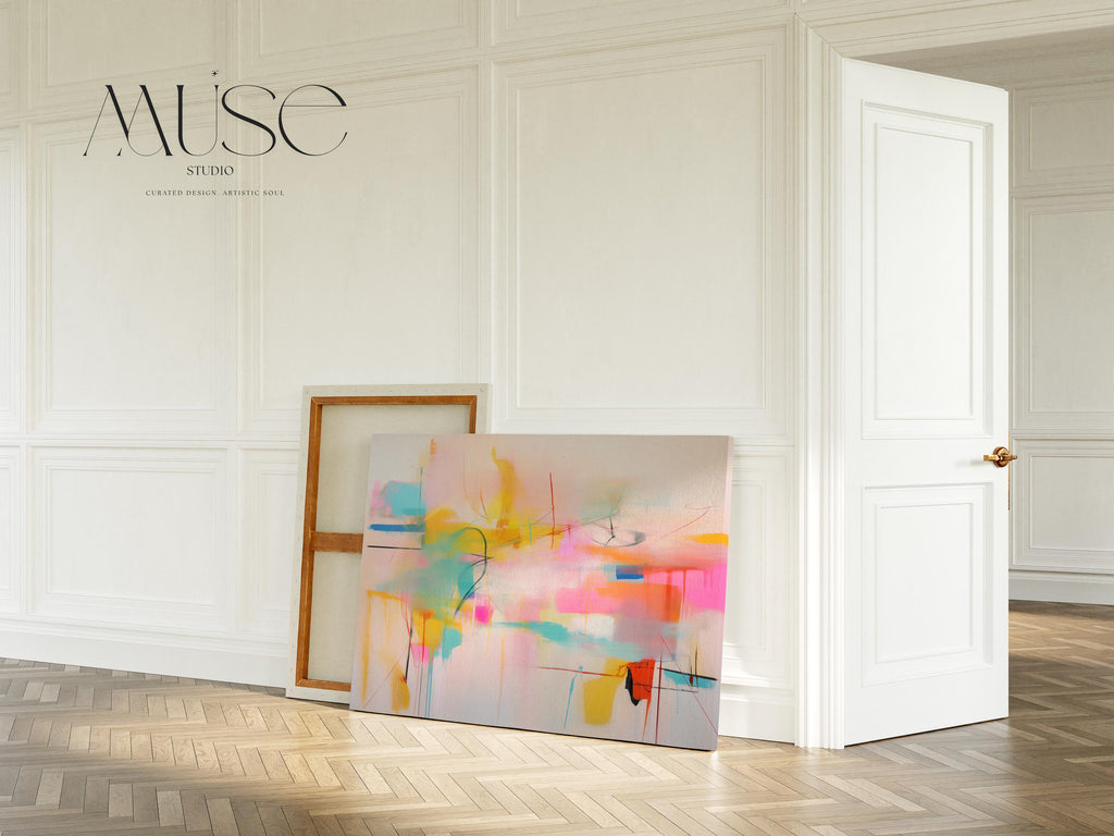 Stretched Canvas Art Large abstract wall decor on stretched canvas, gallery-wrapped and ready to hang. Perfect for colorful wall art in living rooms, office spaces, and design projects. Giclée canvas print with bold brushwork and vibrant modern style for impactful home decor. Muse Studio Decor Art. Colorful Abstract Canvas Art in Pink Yellow Aqua and Orange Bright Dopamine Decor Horizontal Wall Art for Modern Home Living Room Style 031