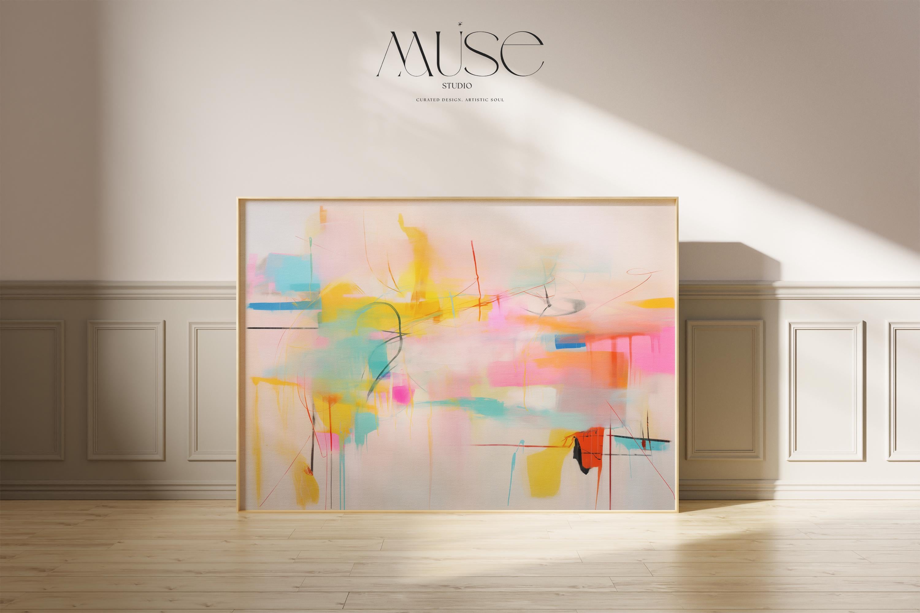 Soft Pastel Abstract Art Print in Pink Yellow Aqua and Orange Retro Dopamine Decor Art Horizontal Colorful Wall Art for Office Home 031