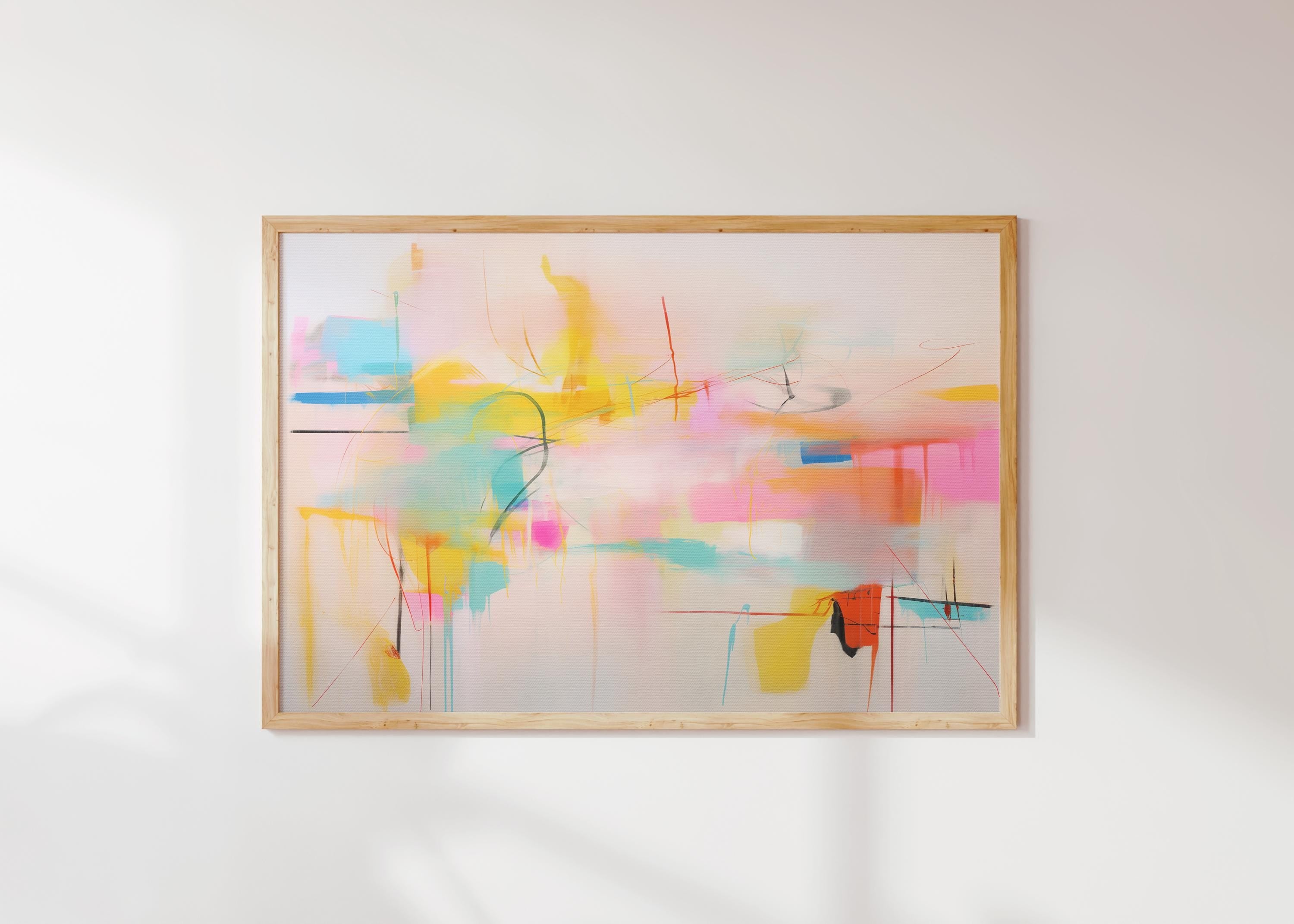 Soft Pastel Abstract Art Print in Pink Yellow Aqua and Orange Retro Dopamine Decor Art Horizontal Colorful Wall Art for Office Home 031